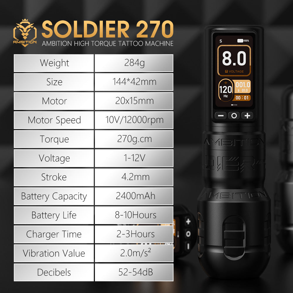 Ambition Soldier 270 Wireless Tattoo Machine Kit with ORE Cartridges