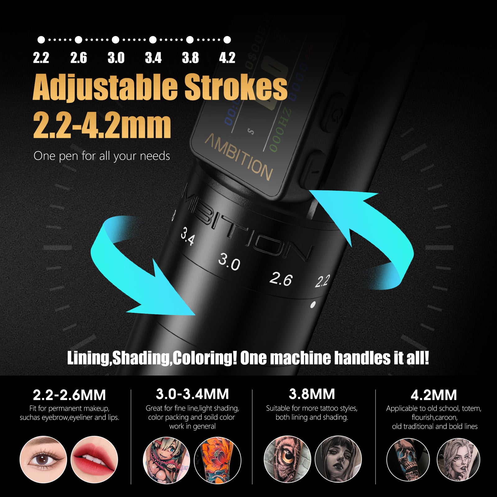 Ambition Paco 2025 Adjustable Stroke Wireless Tattoo Machine 2.2mm-4.2mm