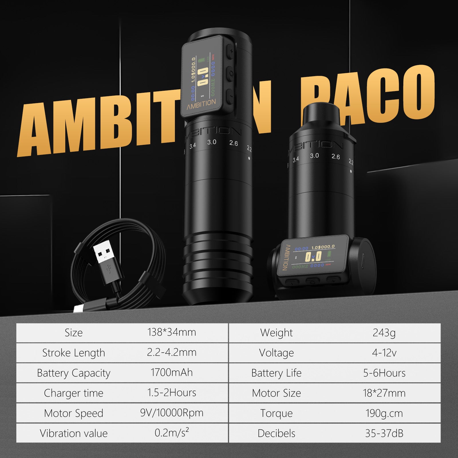 Ambition Paco 2025 Adjustable Stroke Wireless Tattoo Machine 2.2mm-4.2mm