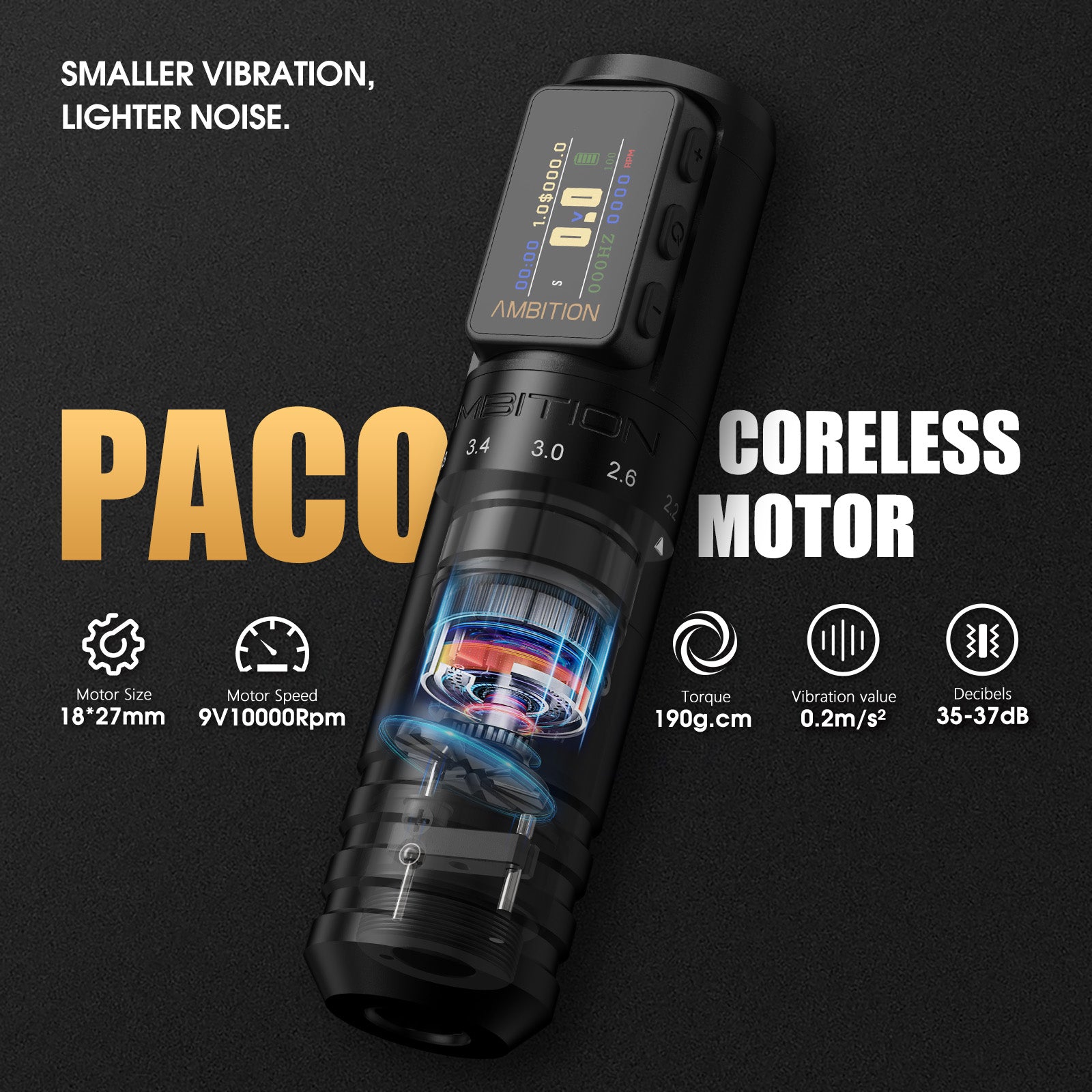 Ambition Paco 2025 Adjustable Stroke Wireless Tattoo Machine 2.2mm-4.2mm