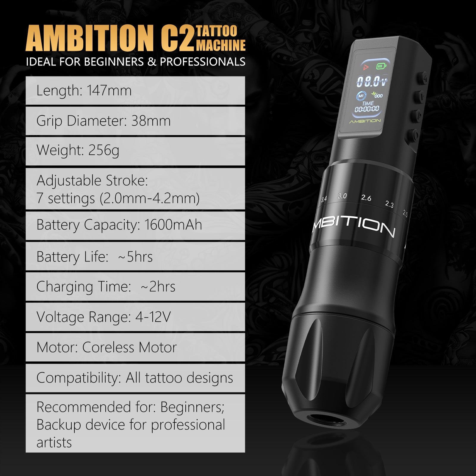 Ambition C2 Wireless Tattoo Machine Pen 7 Adjustable Stroke