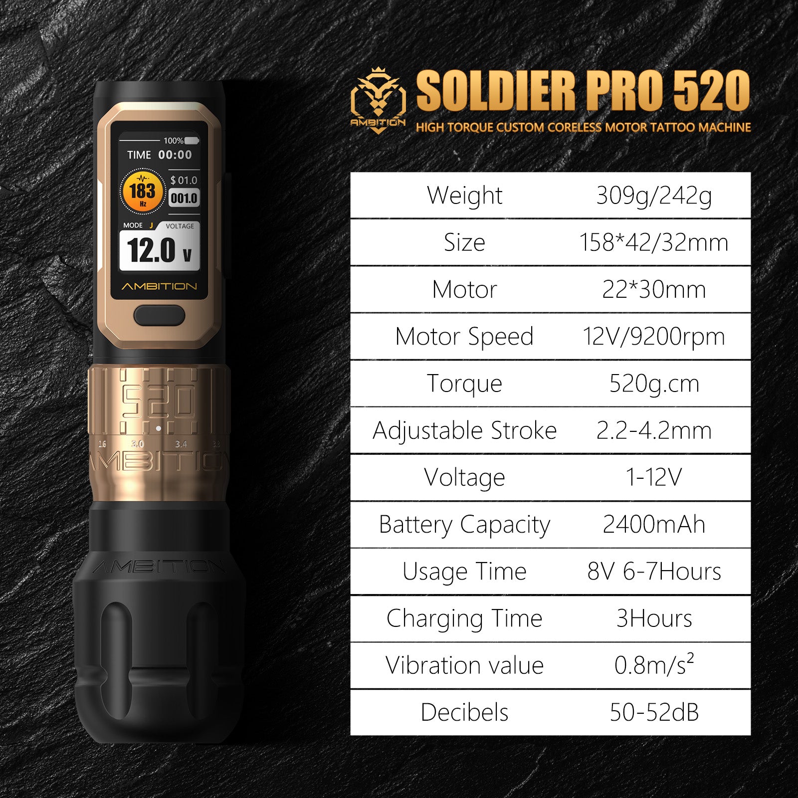 Ambition Soldier Pro 520 Professional Tattoo Kit ORE/AEGIS Cartridges 20pcs