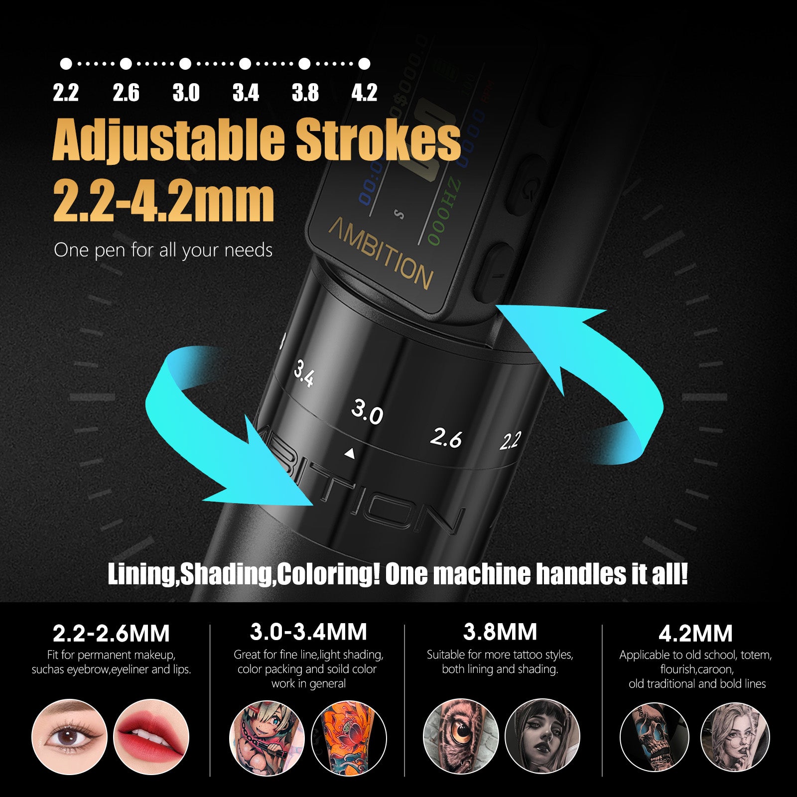 Ambition Paco 2025 Adjustable Stroke Wireless Tattoo Machine 2.2mm-4.2mm