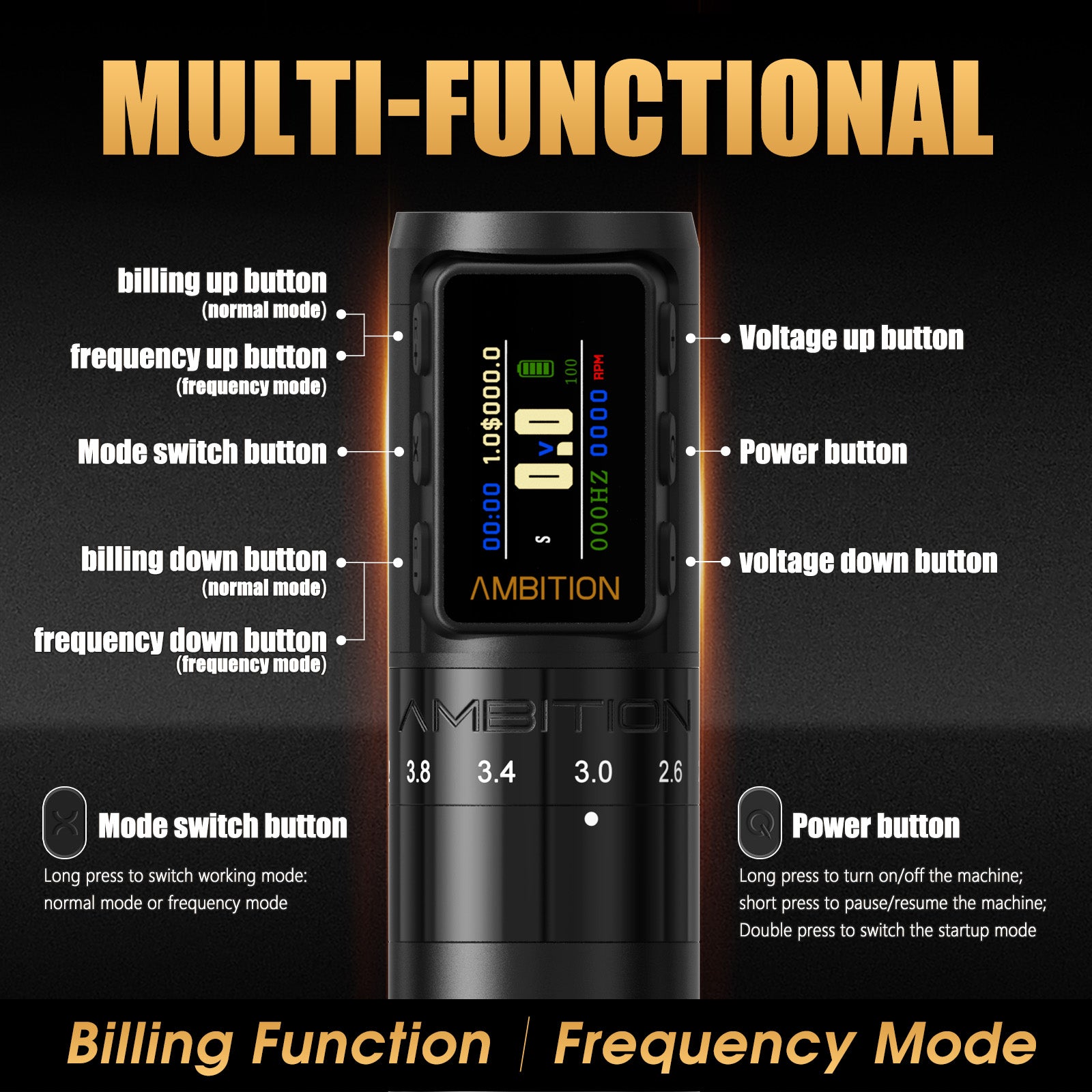 Ambition Paco 2025 Adjustable Stroke Wireless Tattoo Machine 2.2mm-4.2mm