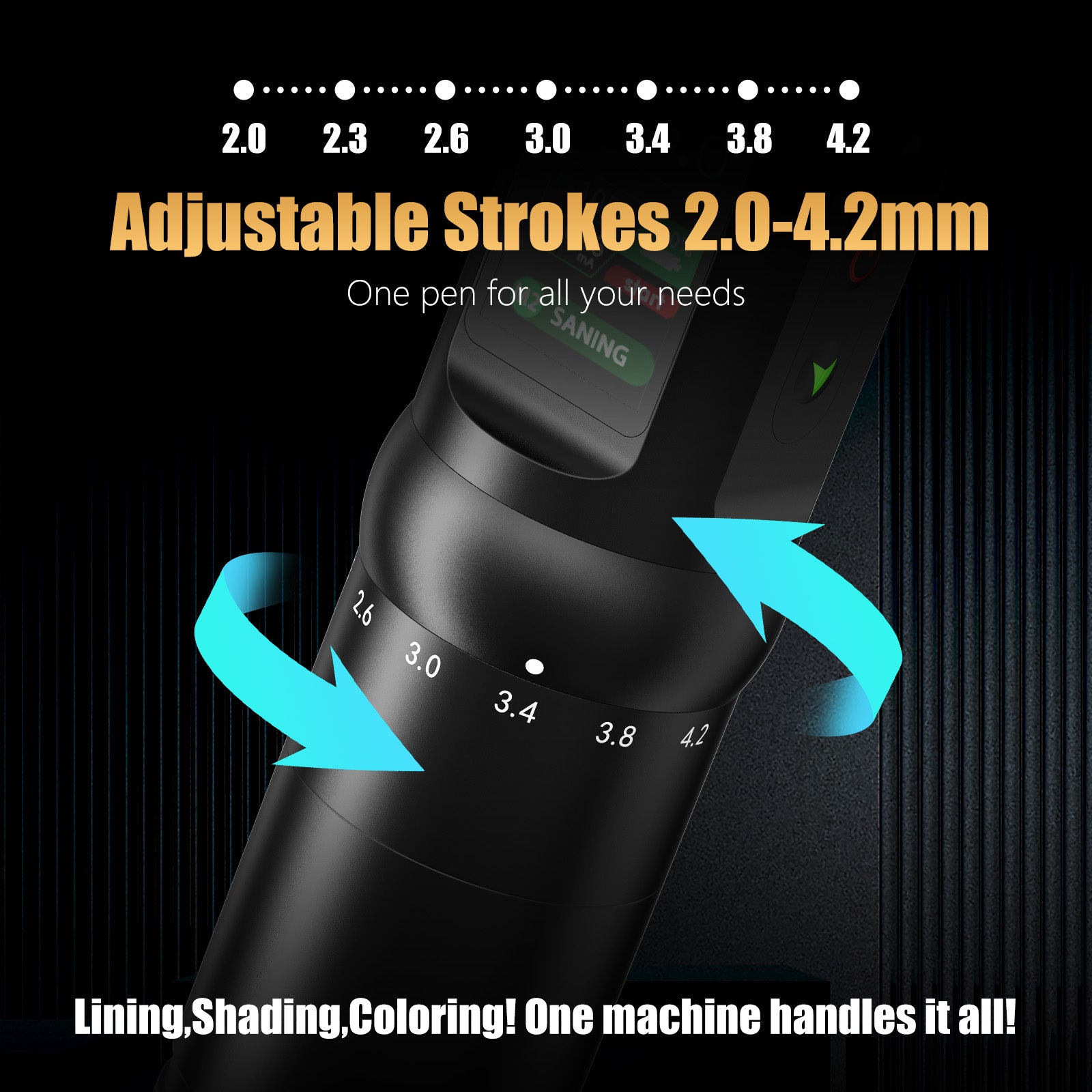 ambition c5 wireless tattoo pen machine with 7 strokes length 2.0mm-4.2mm