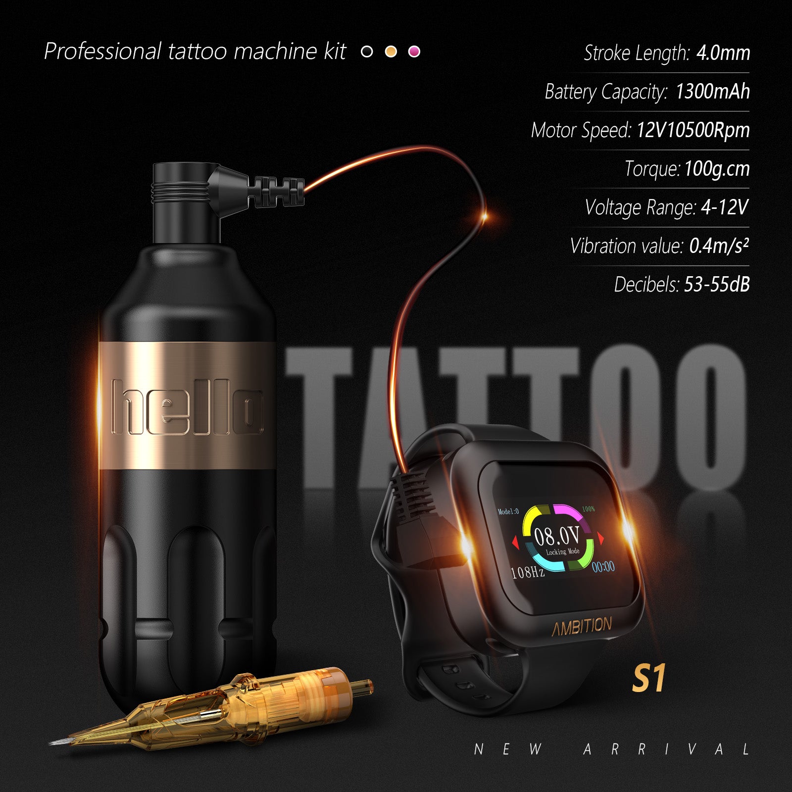Ambition Rotary Tattoo Machine + S1 Plus Touch Screen Watch Power Supply