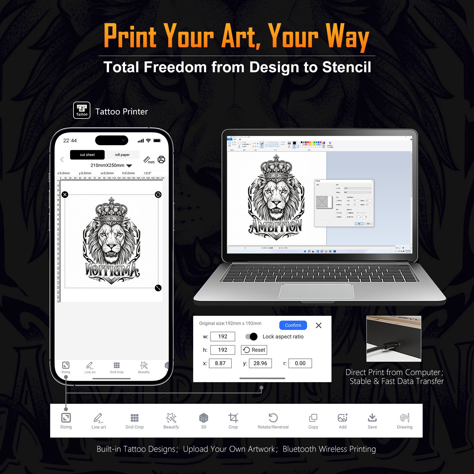 Ambition Soldier Wireless Tattoo Machine Kit + G1 Bluetooth Stencil Printer
