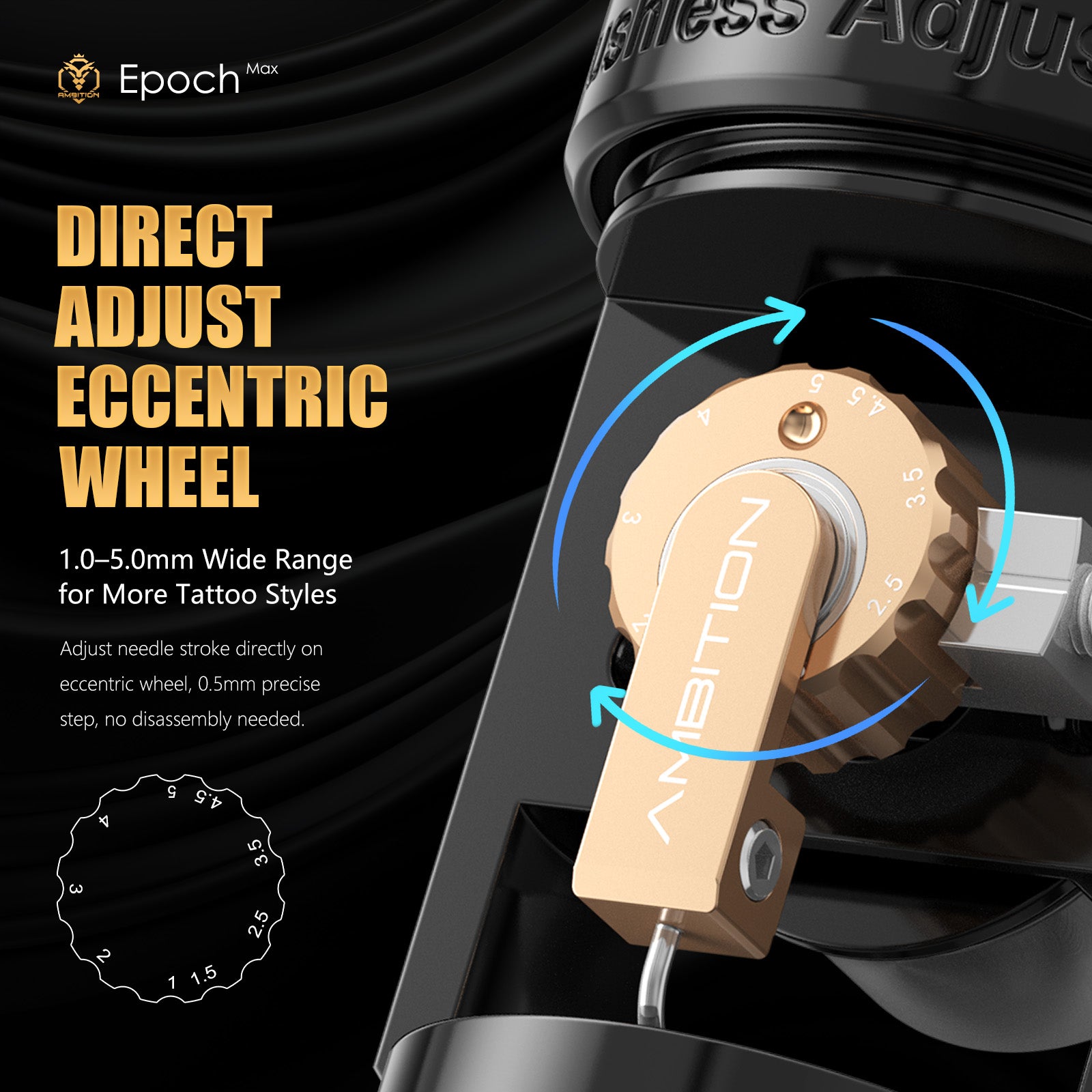 Ambition Epoch Max Professional Wireless Tattoo Machine — 1.0-5.0mm Adjustable Stroke | Brushless Motor