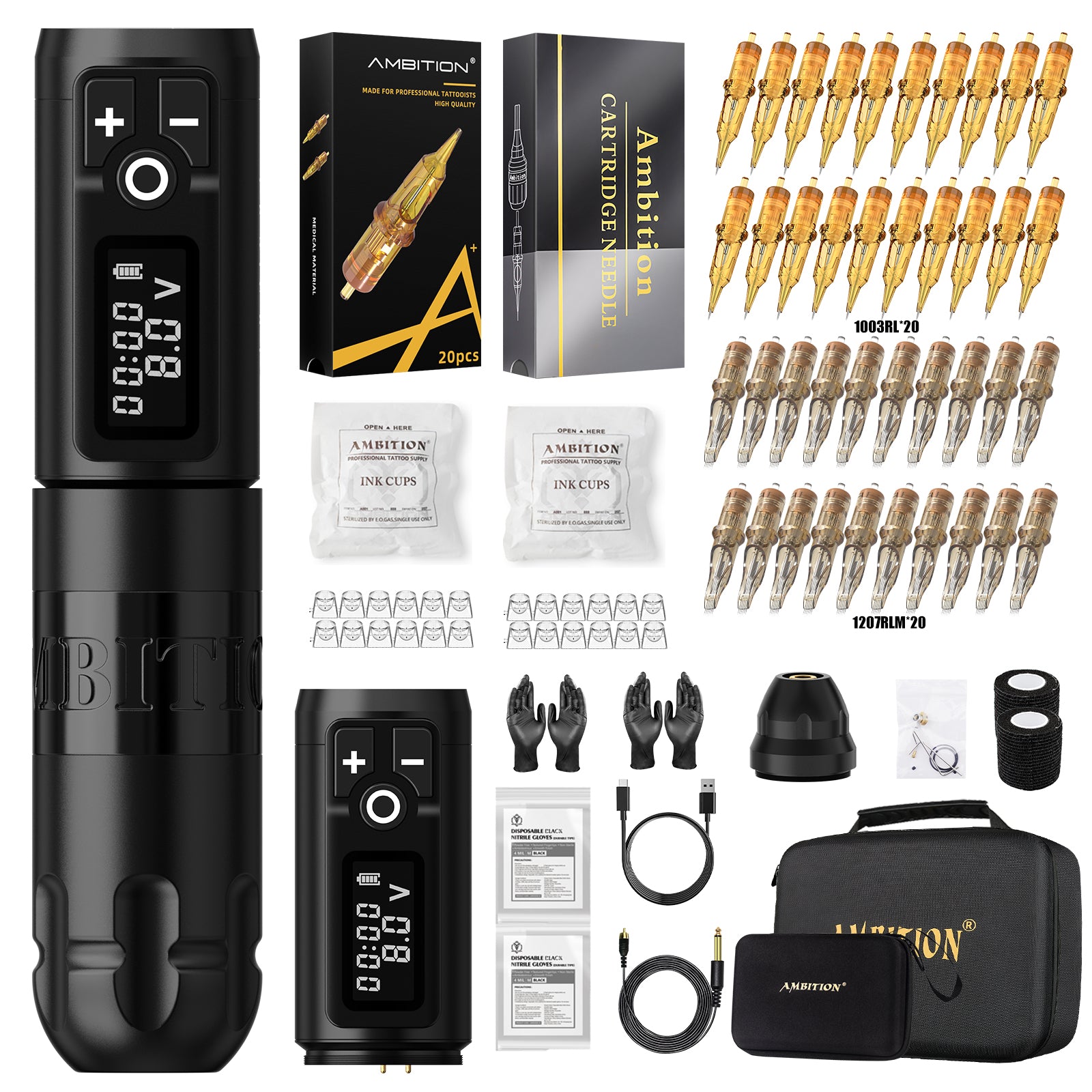 Ambition Soldier Wireless Tattoo Kit 40pcs Mixed Cartridges