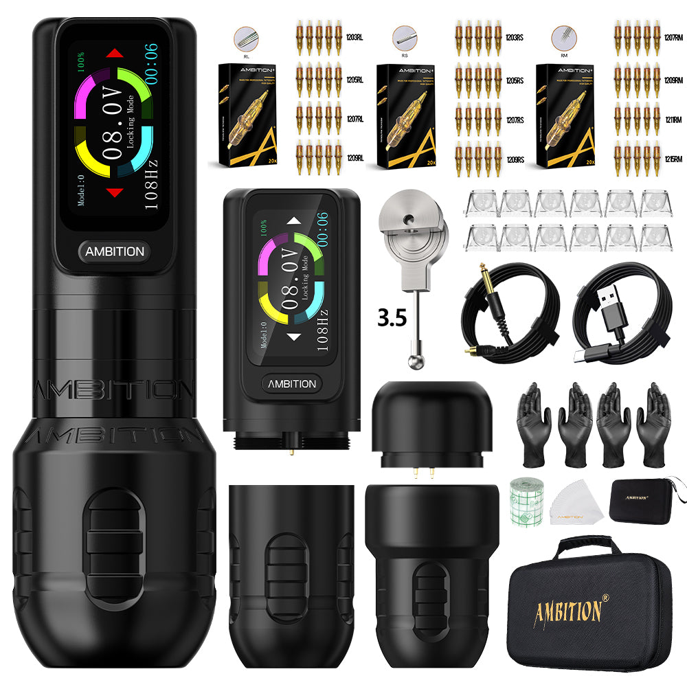 Ambition Zetton Wireless Tattoo Machine Pen Kit 60pcs Tattoo Cartridges