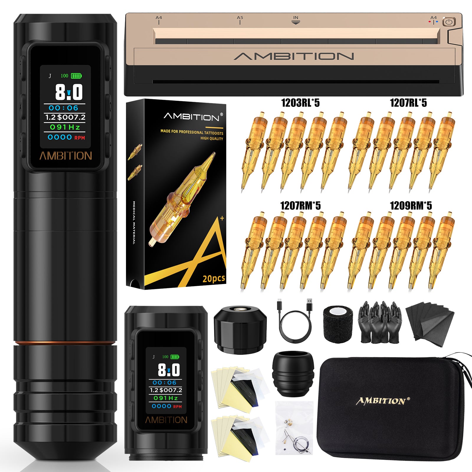 Ambition Professional Wireless Tattoo Macine Kit – Ninja Nova 2024 (Straight Bar - Better for Lining)