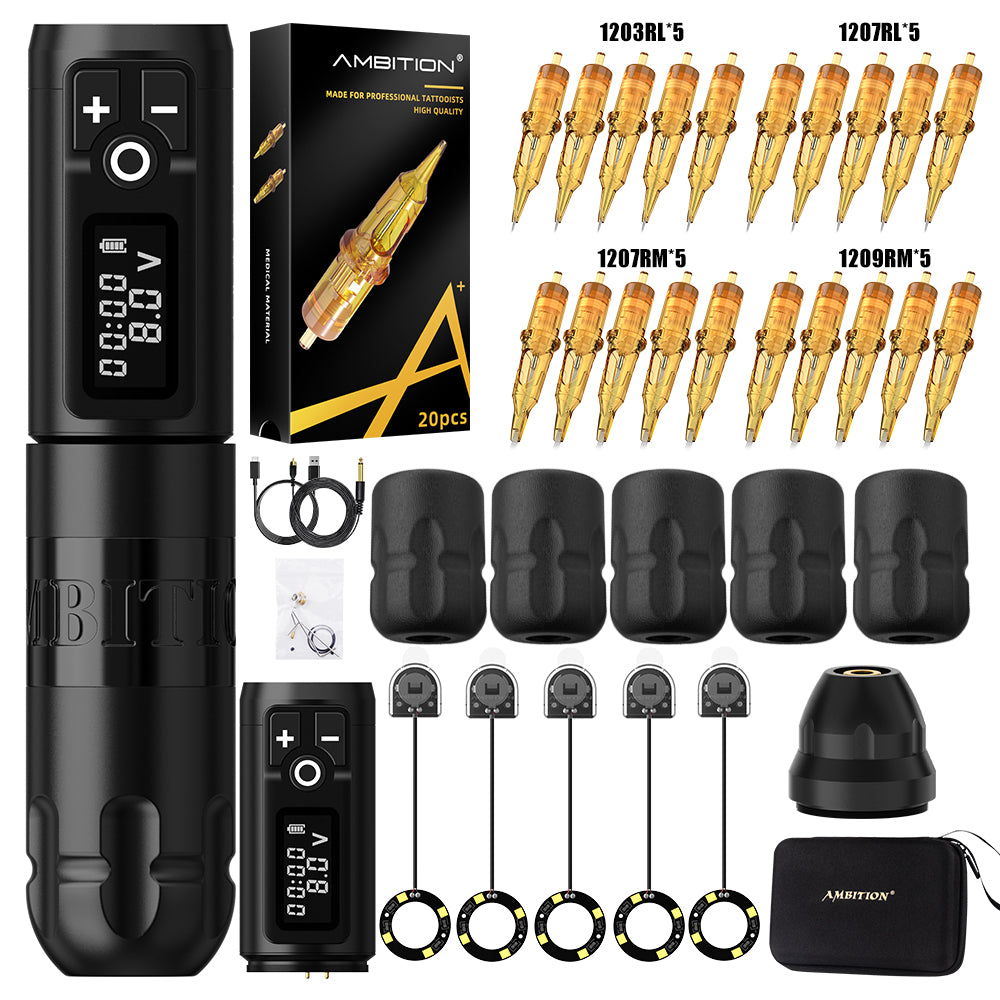 Ambition Soldier Wireless Tattoo Machine Complete Tattoo Kit with 5 LED Grip Lights, 5 Disposable Grips & 20 Cartridges