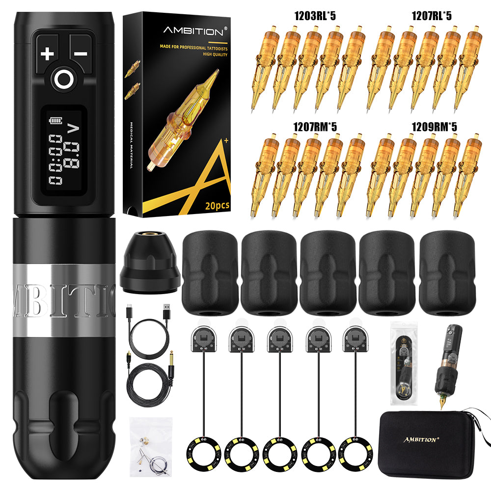 Ambition Soldier Wireless Tattoo Machine Complete Tattoo Kit with 5 LED Grip Lights, 5 Disposable Grips & 20 Cartridges