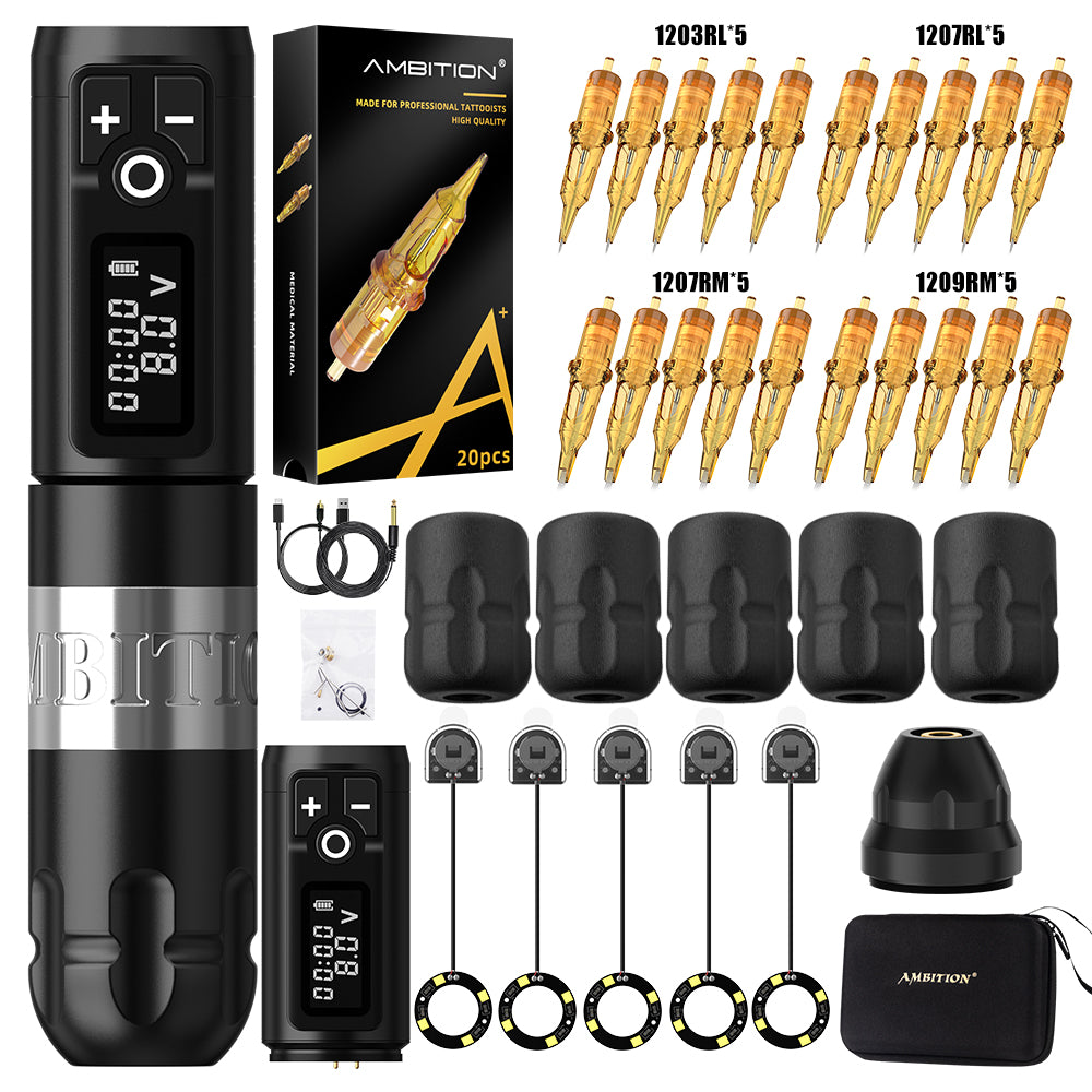 Ambition Soldier Wireless Tattoo Machine Complete Tattoo Kit with 5 LED Grip Lights, 5 Disposable Grips & 20 Cartridges