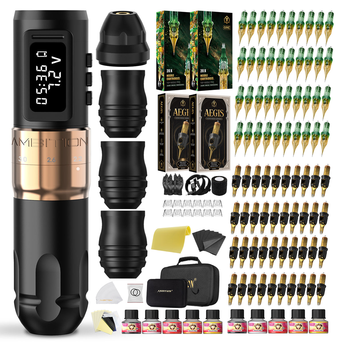Ambition Mars-U Adjustable Stroke Wireless Tattoo Machine Kit 80pcs Cartridges