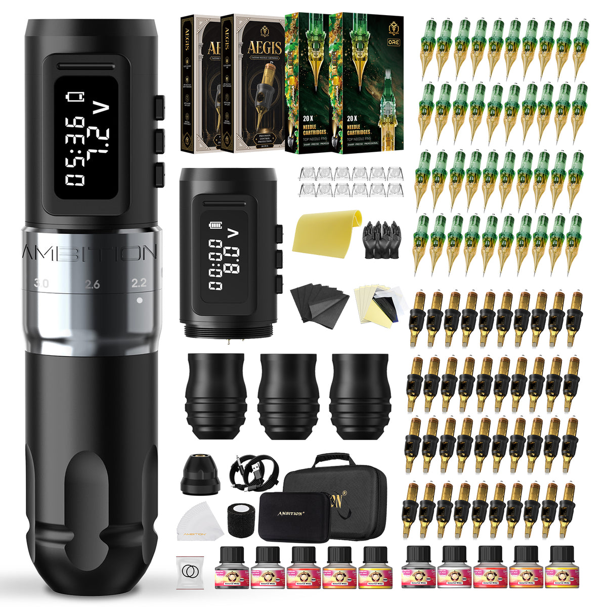 Ambition Mars-U Adjustable Stroke Wireless Tattoo Machine Kit 80pcs Cartridges