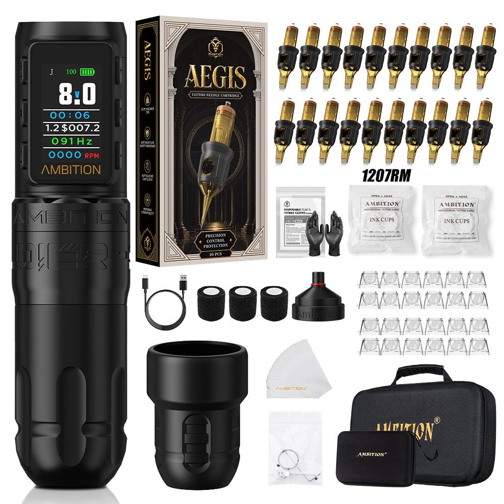 Ambition Soldier 270 S Wireless Tattoo Machine Kit With ORE/AEGIS Tattoo Cartridges 20pcs