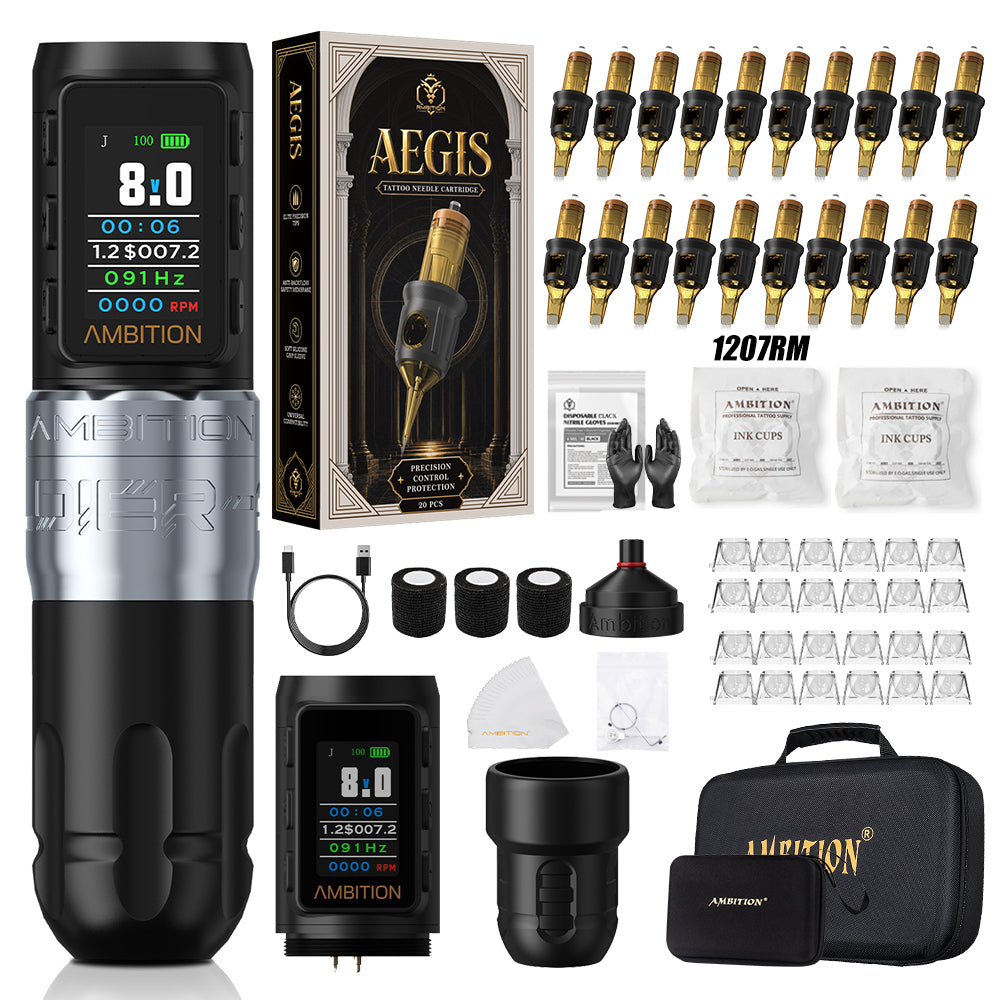Ambition Soldier 270 S Wireless Tattoo Machine Kit With ORE/AEGIS Tattoo Cartridges 20pcs