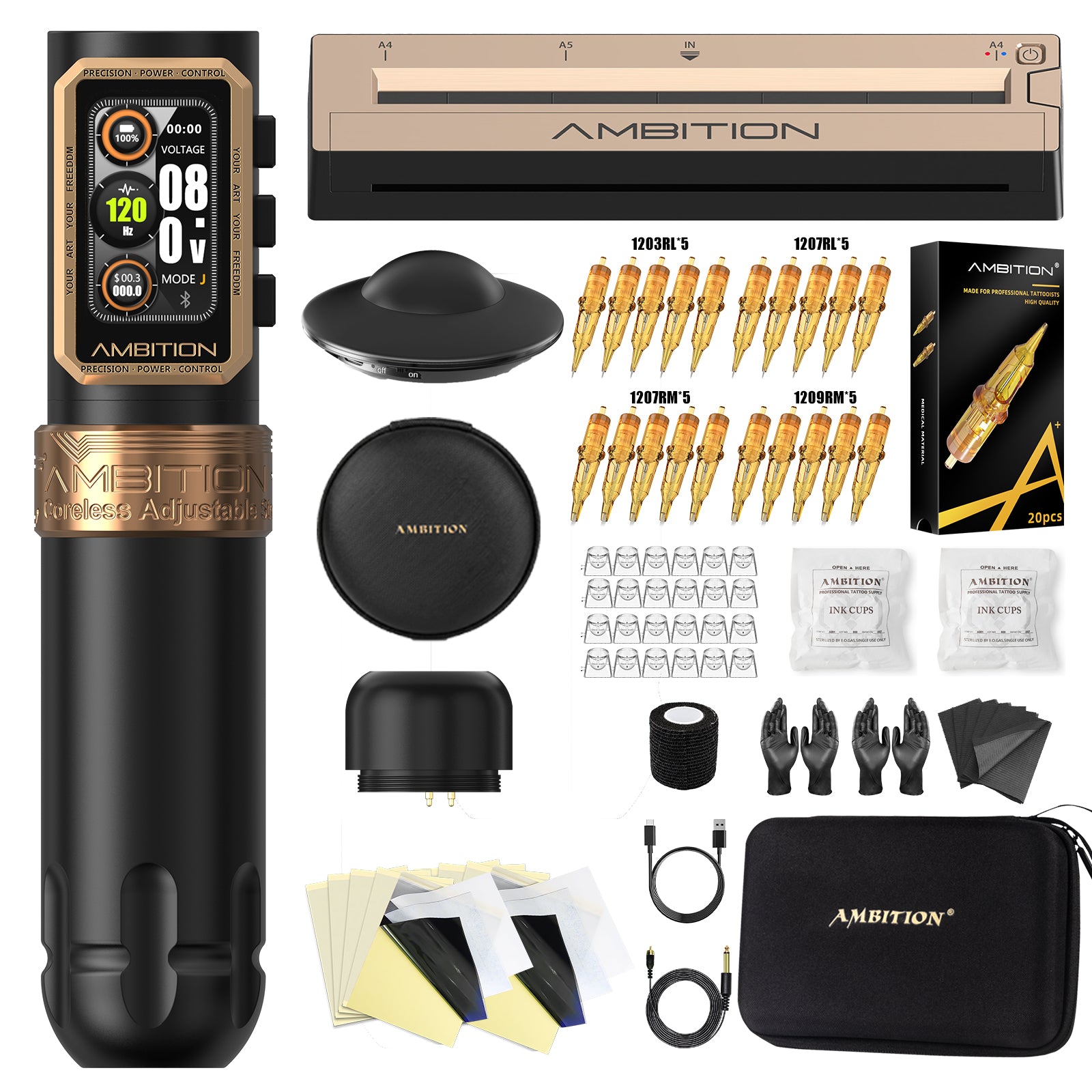 Ambition Epoch Professional Wireless Tattoo Kit with G1 Tattoo Stencil Printer & U1 Bluetooth Foot Switch