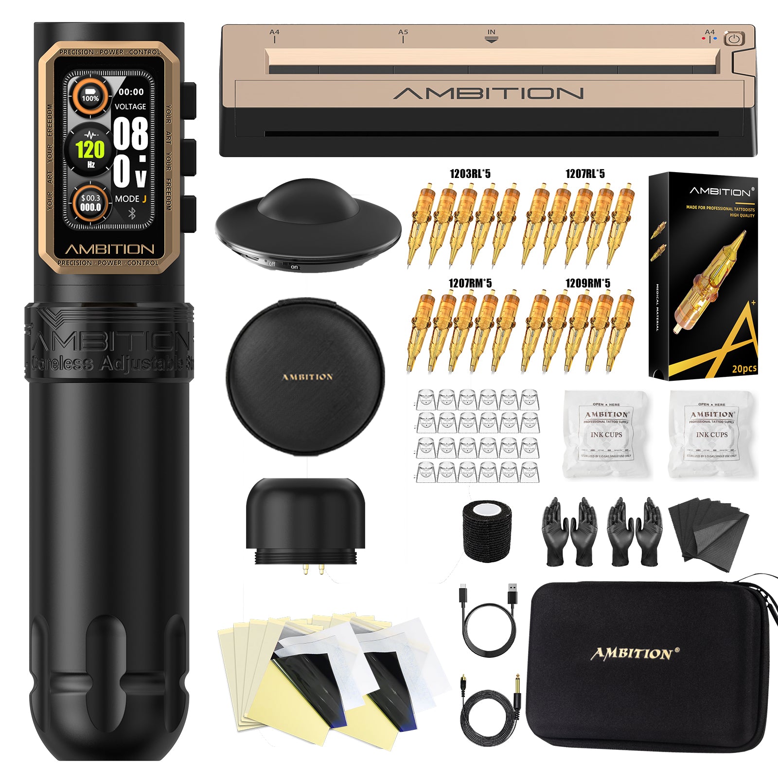 Ambition Epoch Professional Wireless Tattoo Kit with G1 Tattoo Stencil Printer & U1 Bluetooth Foot Switch