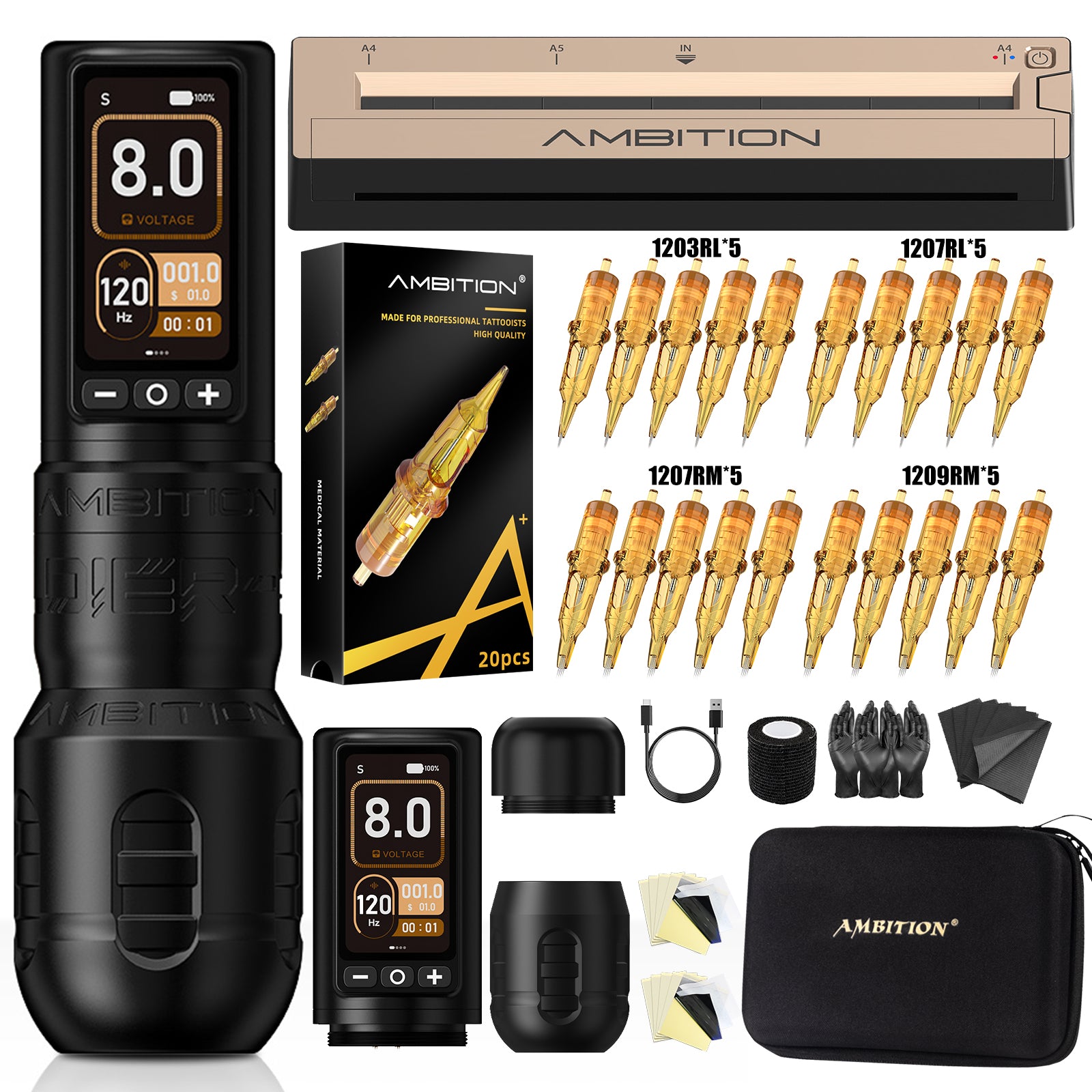 Ambition Soldier 270 Wireless Tattoo Machine Kit with G1 Stencil Printer | Professional Tattoo Bundle for Artists