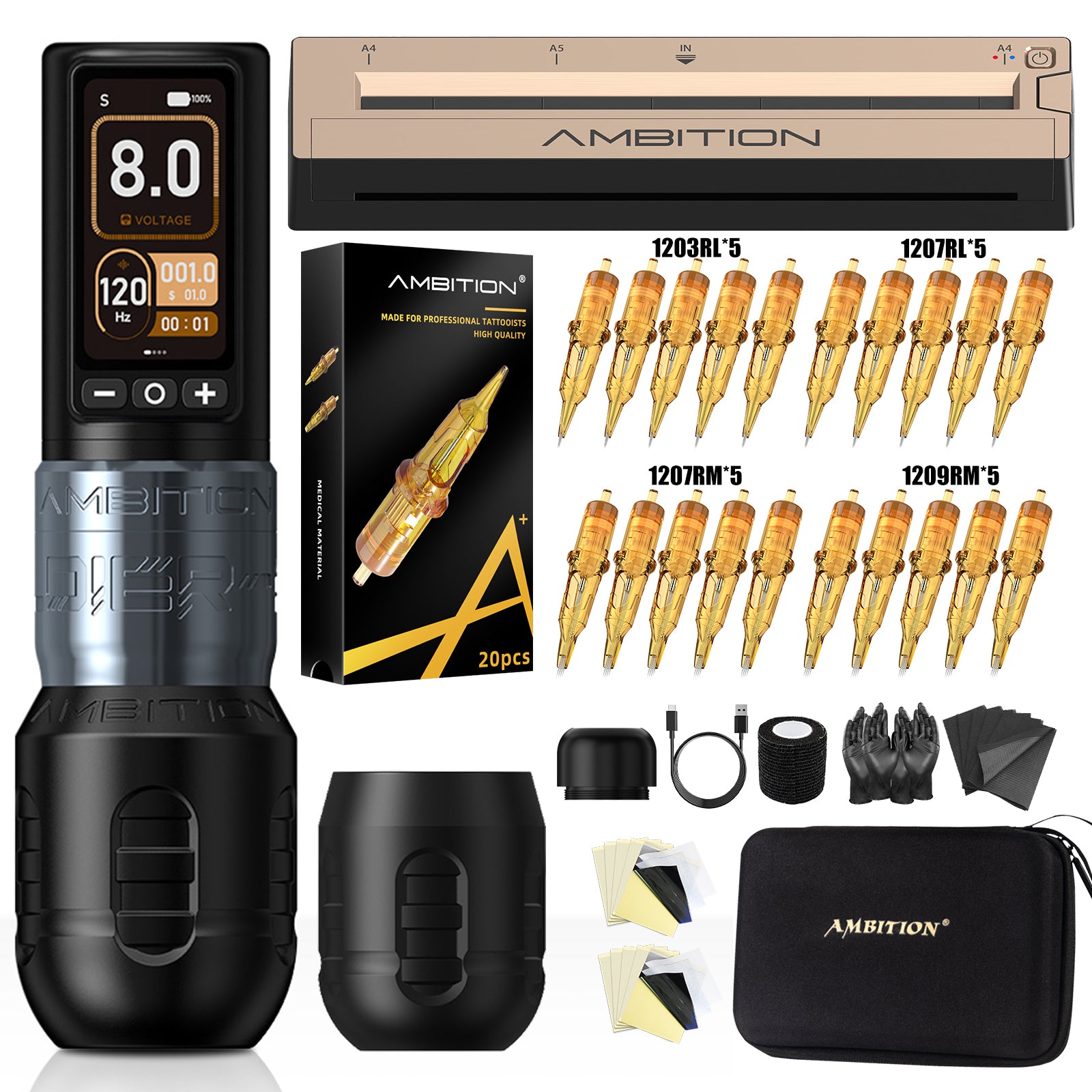 Ambition Soldier 270 Wireless Tattoo Machine Kit with G1 Stencil Printer | Professional Tattoo Bundle for Artists