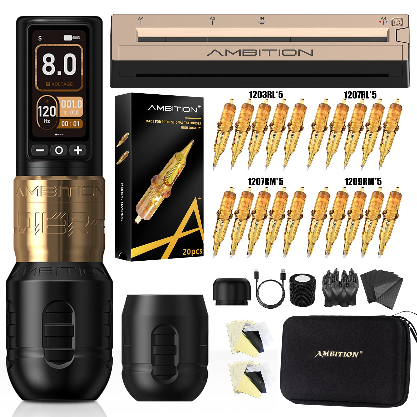 Ambition Soldier 270 Wireless Tattoo Machine Kit with G1 Stencil Printer | Professional Tattoo Bundle for Artists
