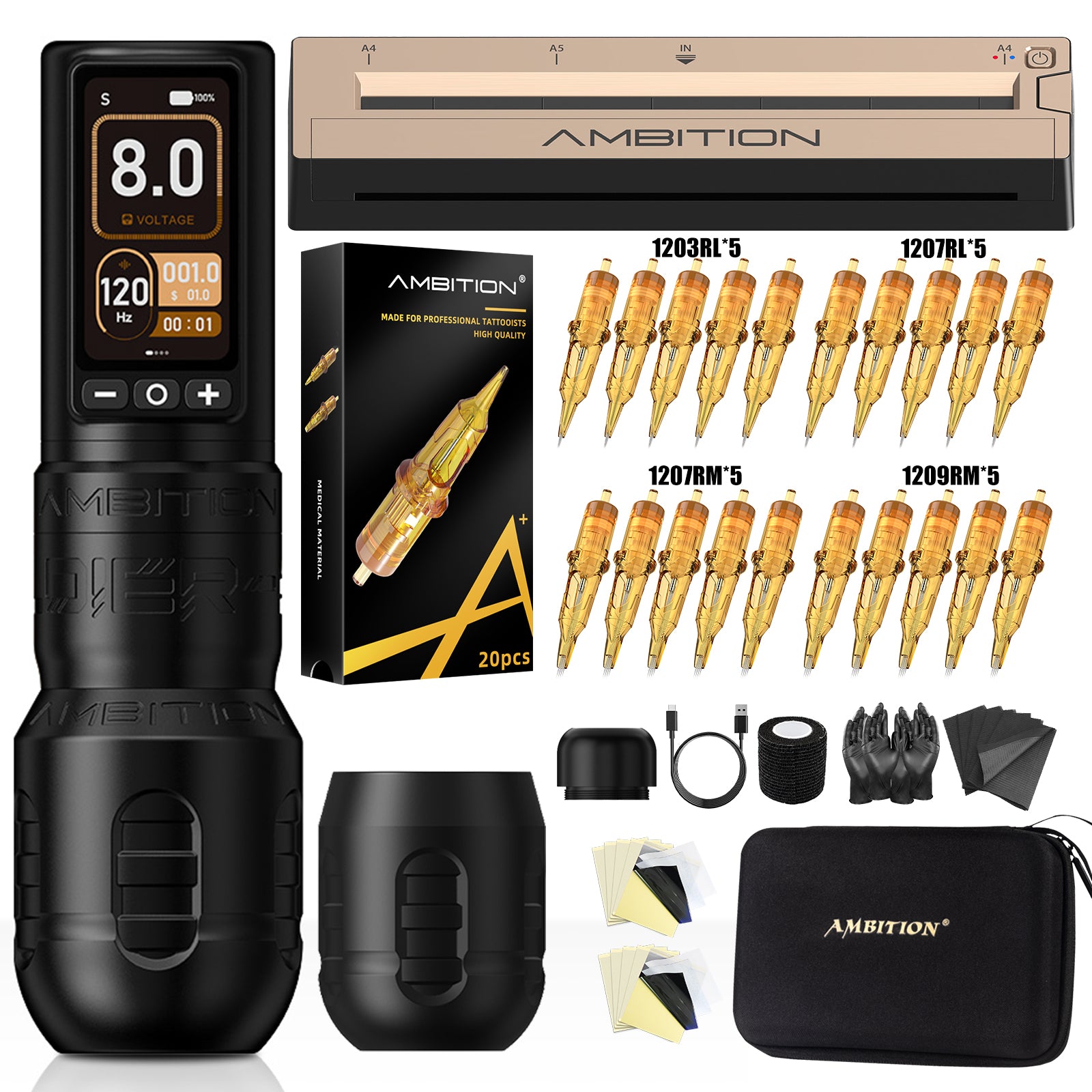 Ambition Soldier 270 Wireless Tattoo Machine Kit with G1 Stencil Printer | Professional Tattoo Bundle for Artists