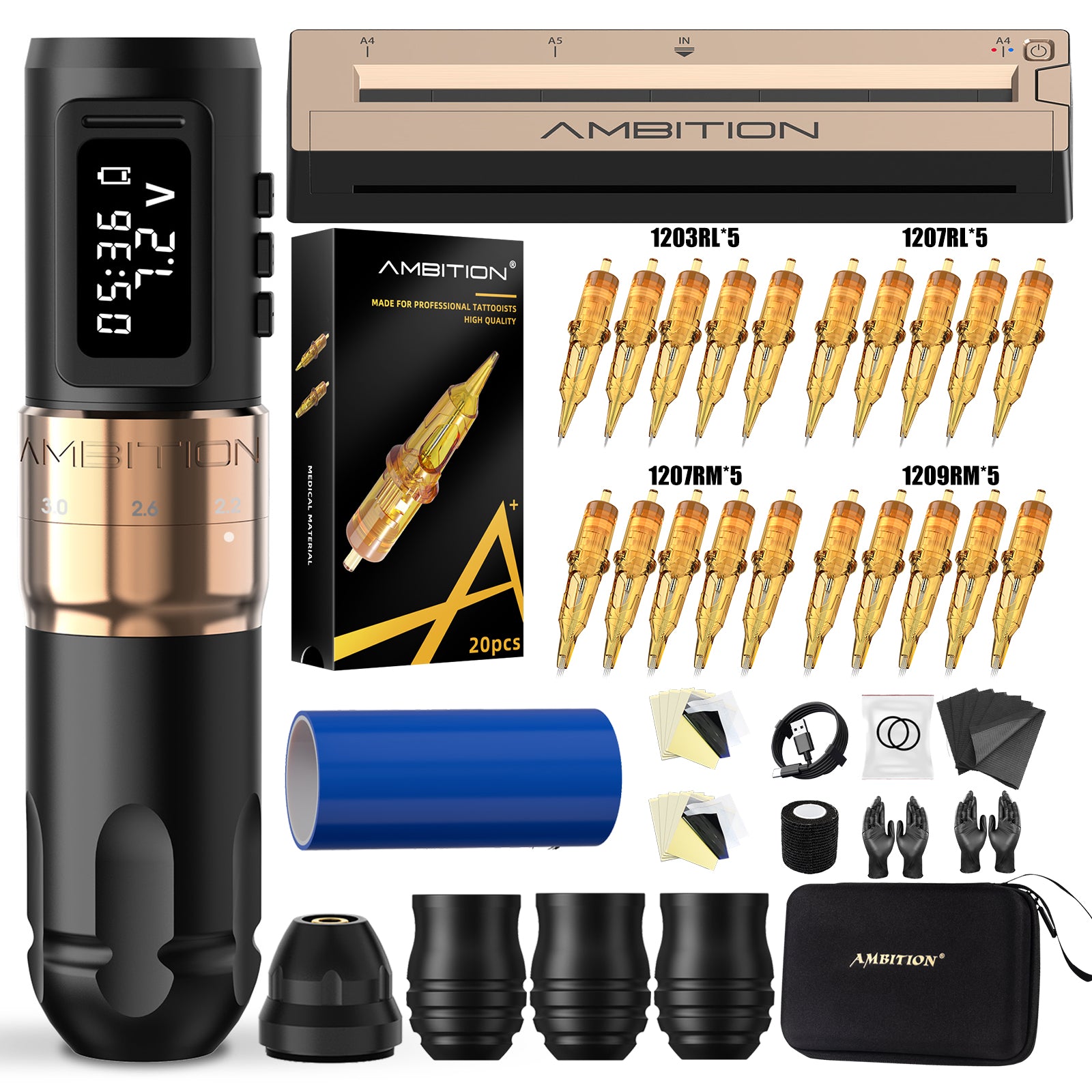 Ambition Mars-U Wireless Tattoo Machine + Tattoo Stencil Printer Full Kit