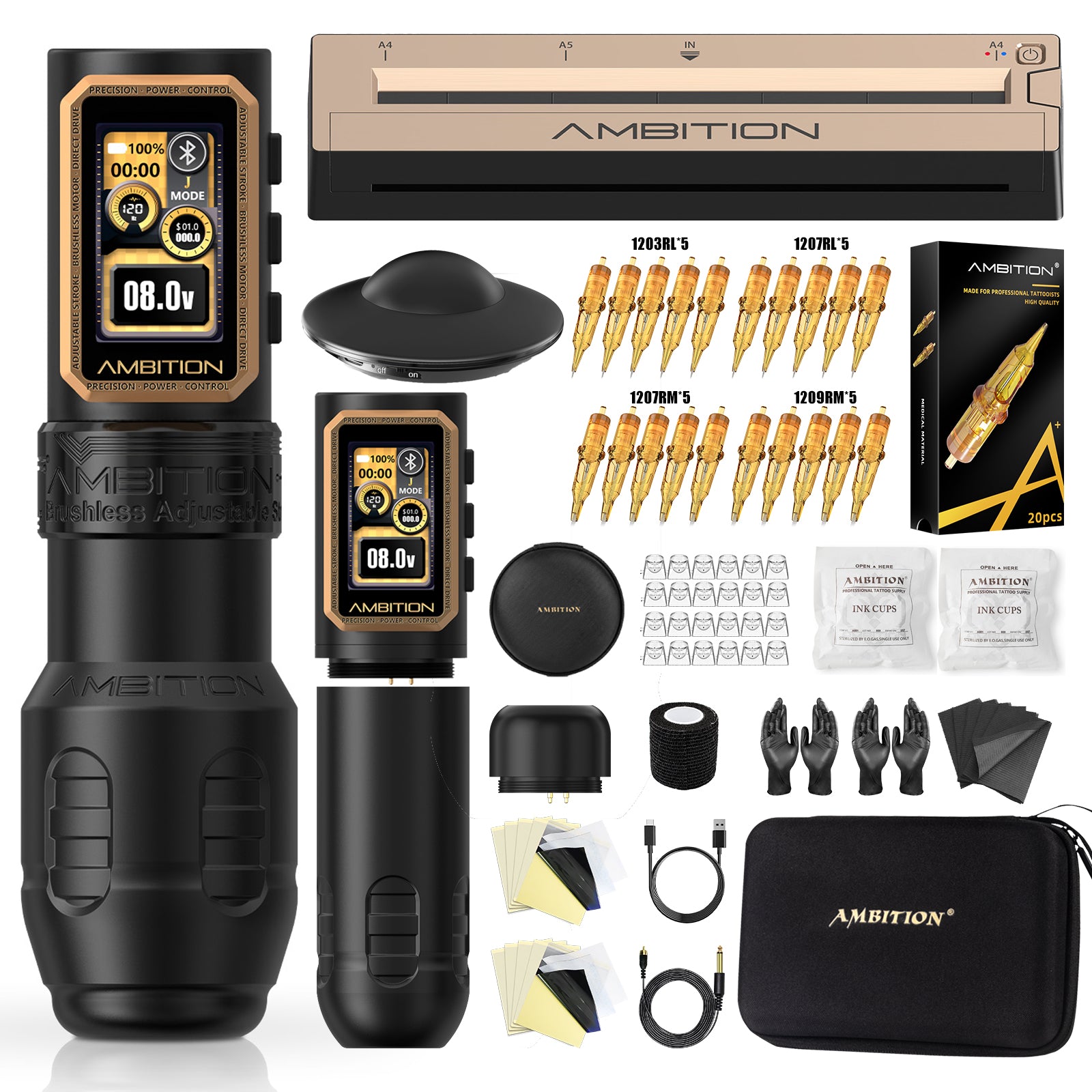 Ambition Epoch Max Professional Wireless Tattoo Kit with G1 Tattoo Stencil Printer & U1 Bluetooth Foot Switch