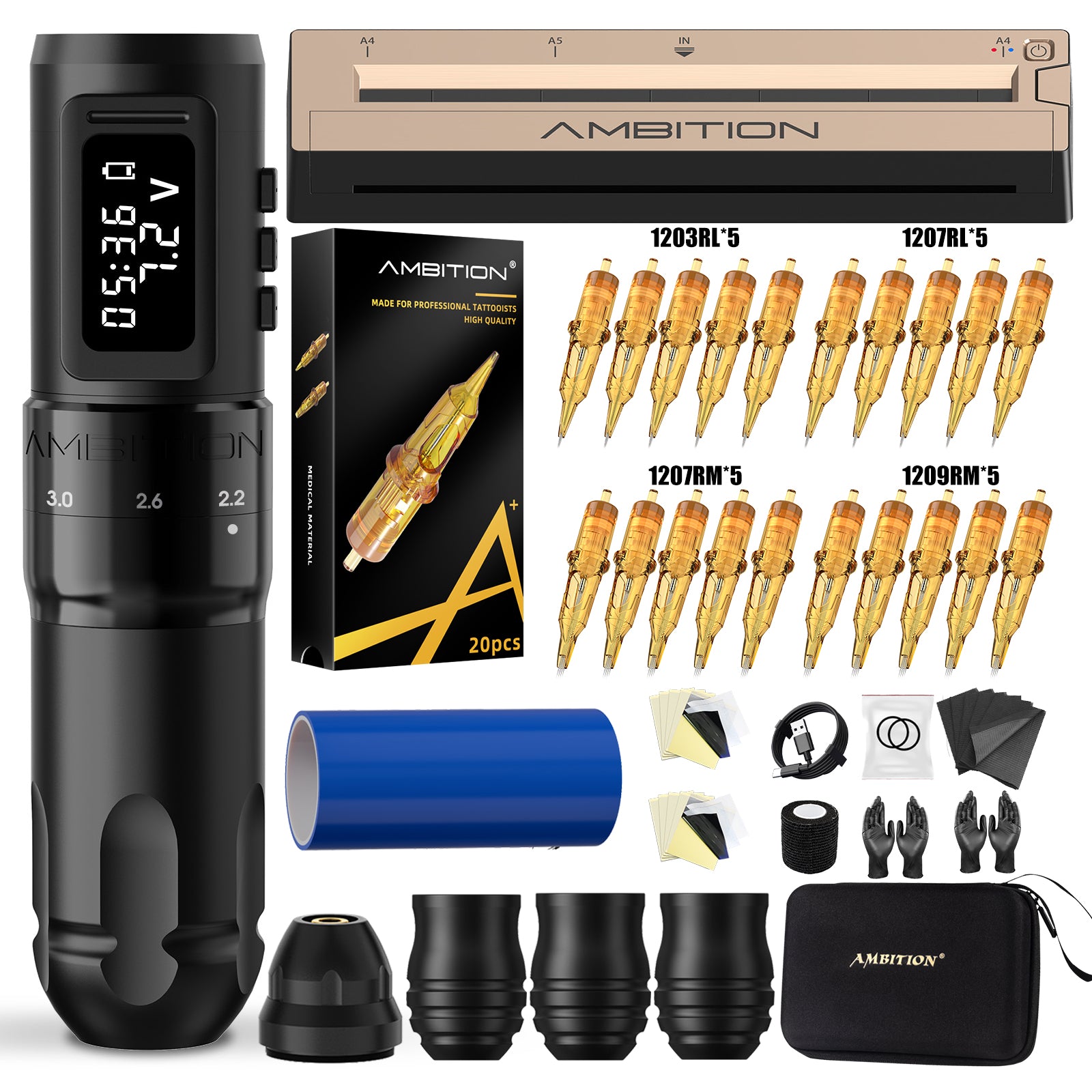 Ambition Mars-U Wireless Tattoo Machine + Tattoo Stencil Printer Full Kit