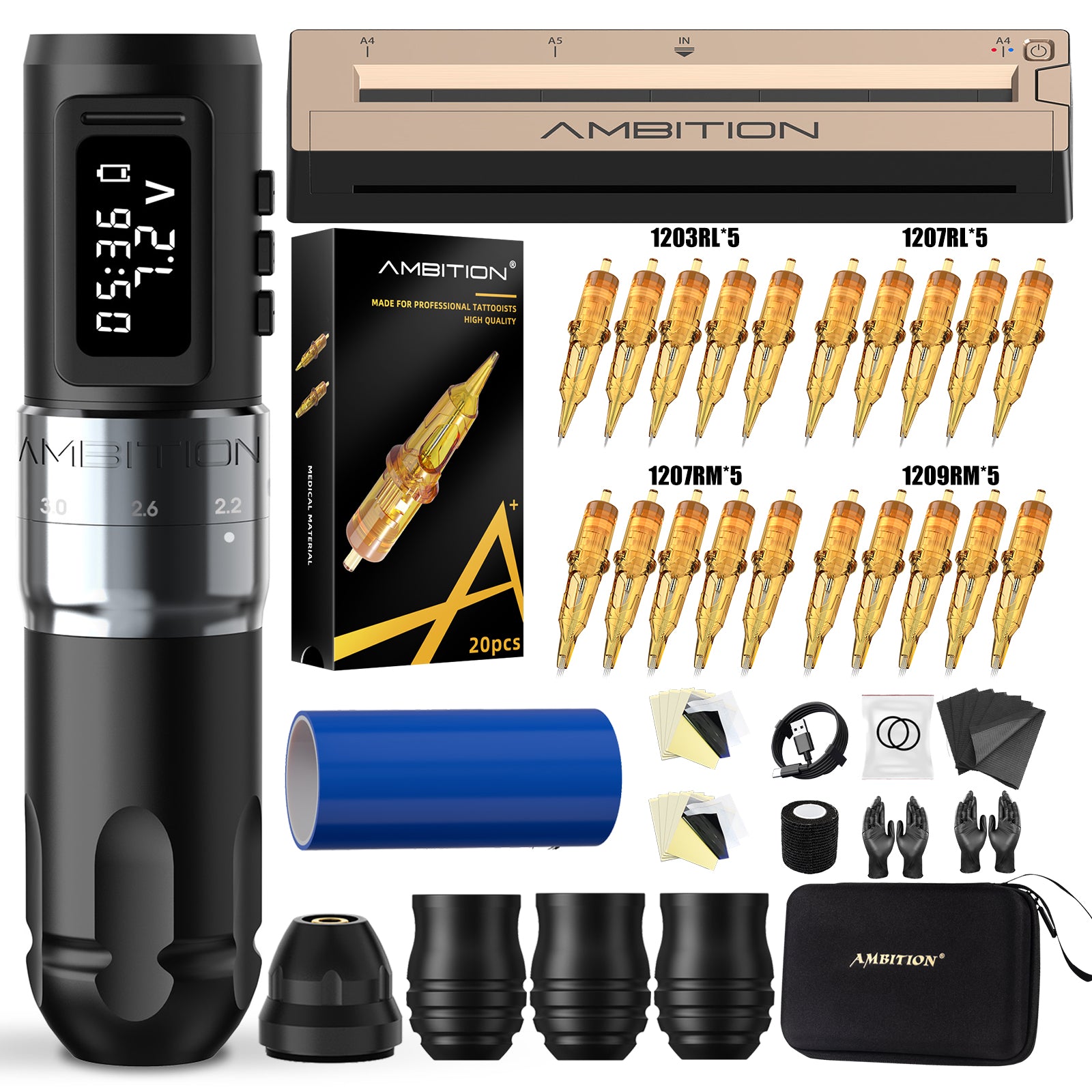 Ambition Mars-U Wireless Tattoo Machine + Tattoo Stencil Printer Full Kit