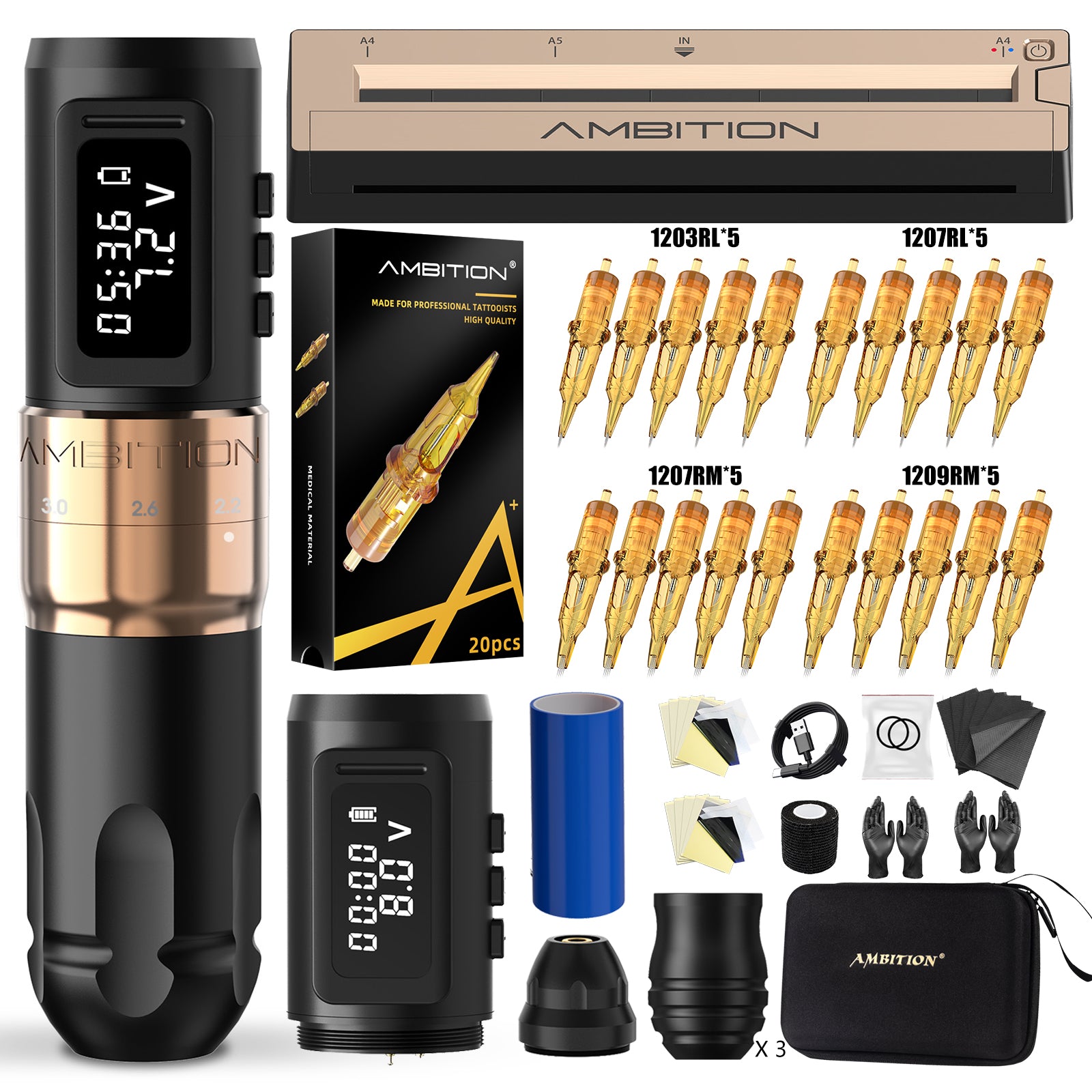 Ambition Mars-U Wireless Tattoo Machine + Tattoo Stencil Printer Full Kit