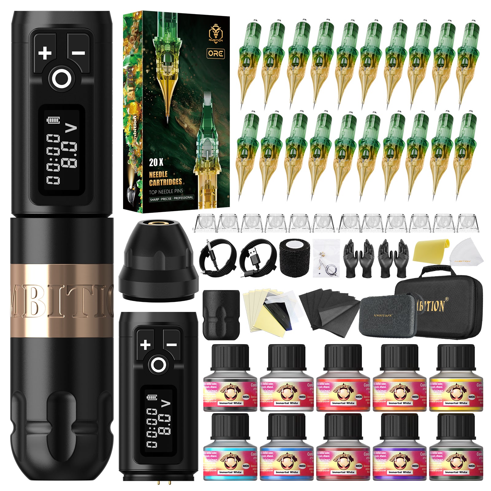 Ambition Soldier Wireless Tattoo Machine Kit with ORE/AEGIS Cartridge Bundle – Complete Tattoo Starter & Professional Setup