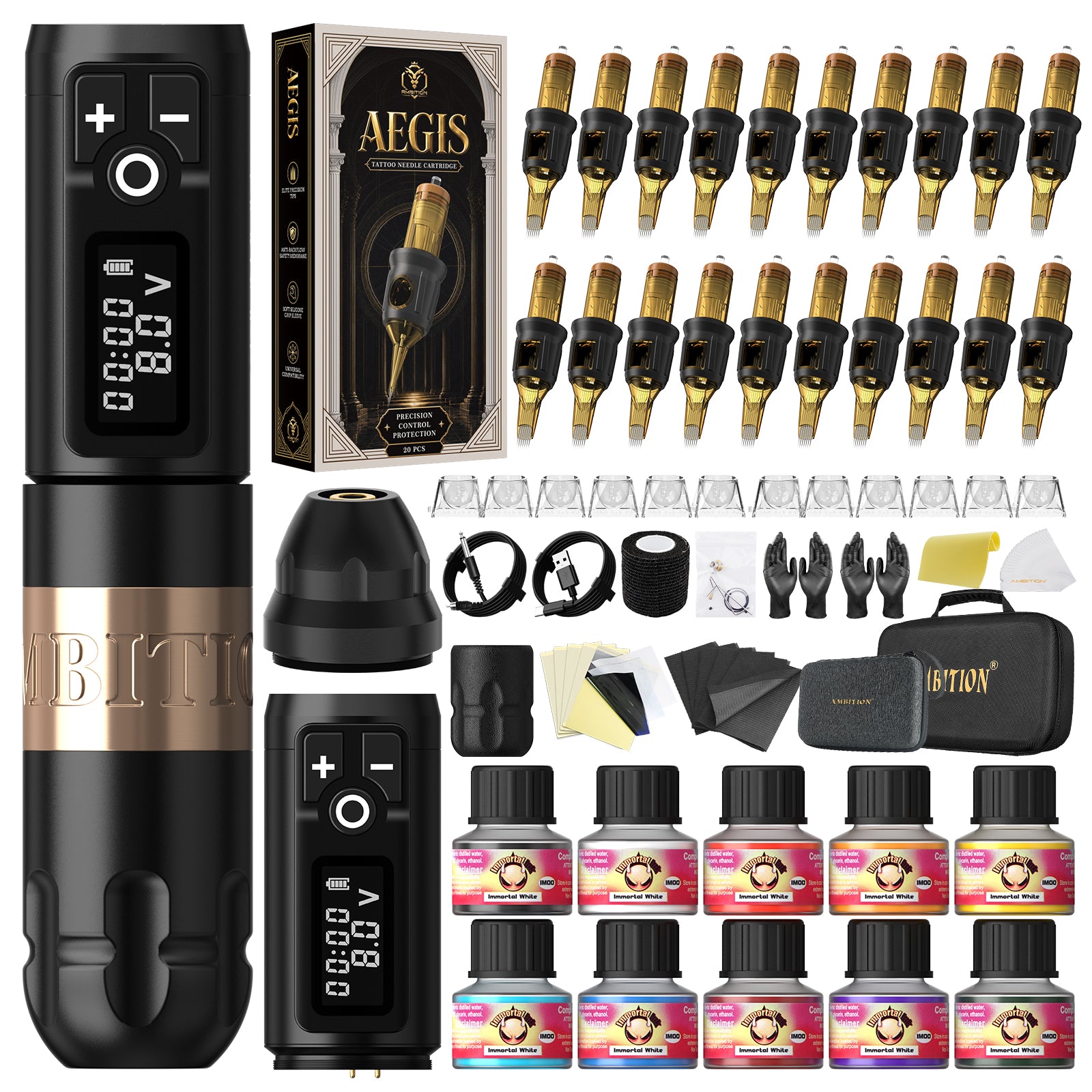 Ambition Soldier Wireless Tattoo Machine Kit with ORE/AEGIS Cartridge Bundle – Complete Tattoo Starter & Professional Setup