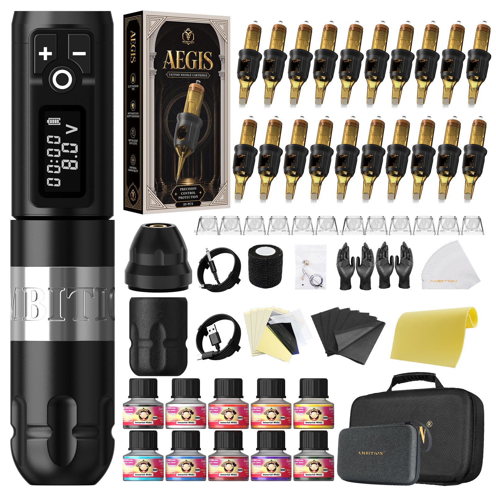 Ambition Soldier Wireless Tattoo Machine Kit with ORE/AEGIS Cartridge Bundle – Complete Tattoo Starter & Professional Setup