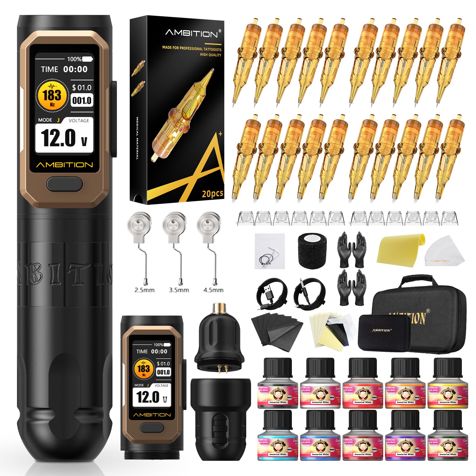Ambition Vibe Ultra Wireless Tattoo Machine Complete Kit with Cartridges & Tattoo Supplies | 2.5/3.5/4.5mm Stroke
