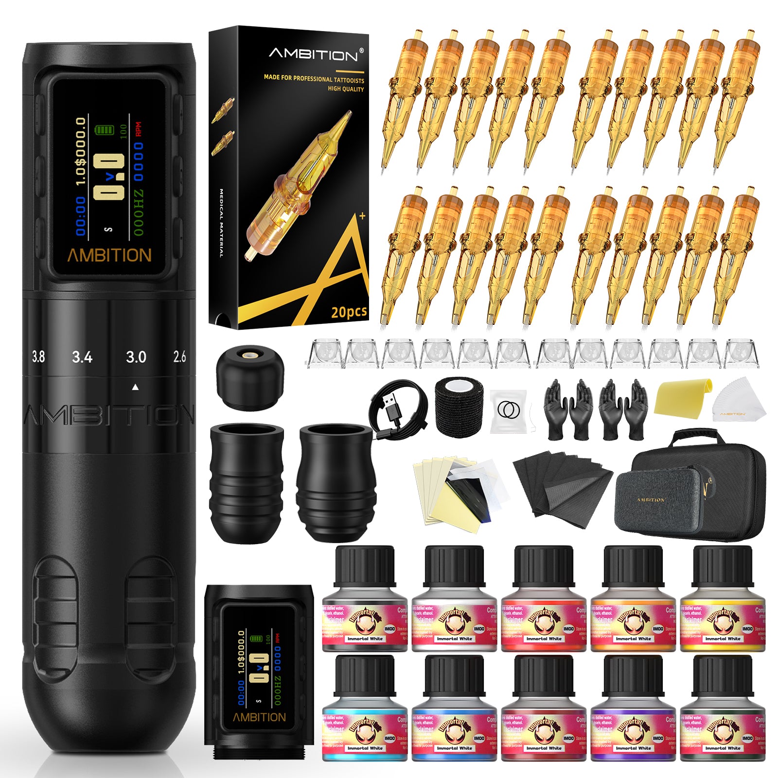 Ambition Paco 2025 Complete Tattoo Kit – Adjustable Stroke Wireless Tattoo Machine Set with Cartridges, Ink & Tattoo Supplies