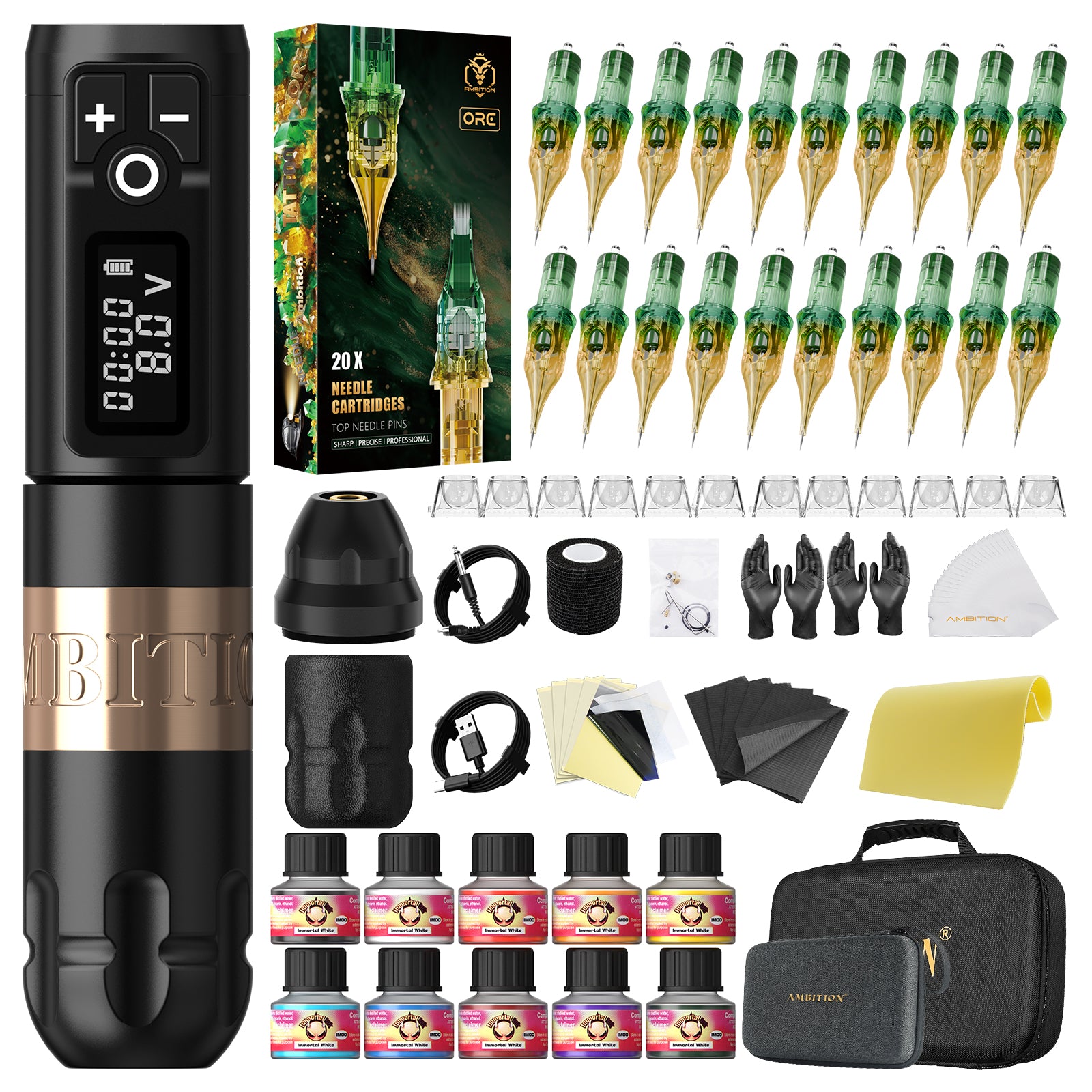 Ambition Soldier Wireless Tattoo Machine Kit with ORE/AEGIS Cartridge Bundle – Complete Tattoo Starter & Professional Setup