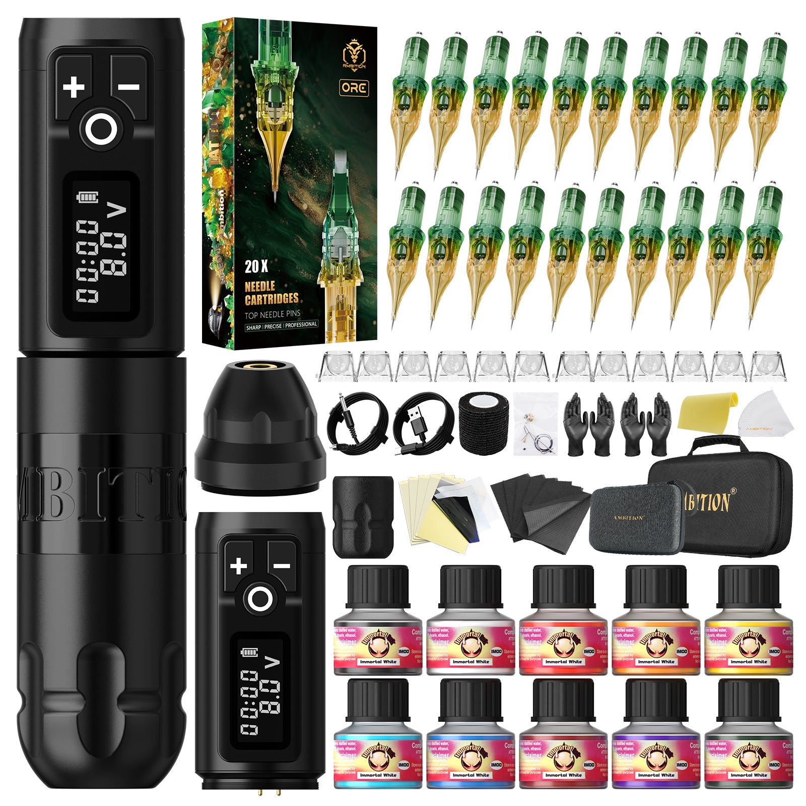 Ambition Soldier Wireless Tattoo Machine Kit with ORE/AEGIS Cartridge Bundle – Complete Tattoo Starter & Professional Setup