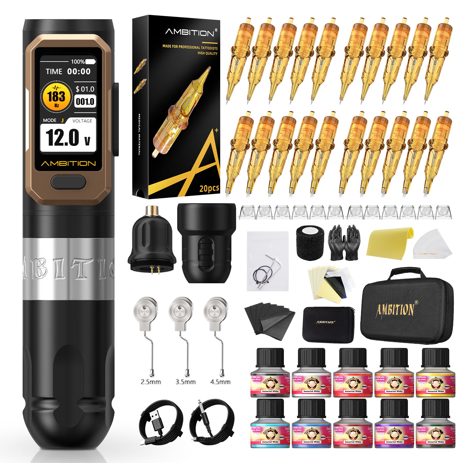 Ambition Vibe Ultra Wireless Tattoo Machine Complete Kit with Cartridges & Tattoo Supplies | 2.5/3.5/4.5mm Stroke