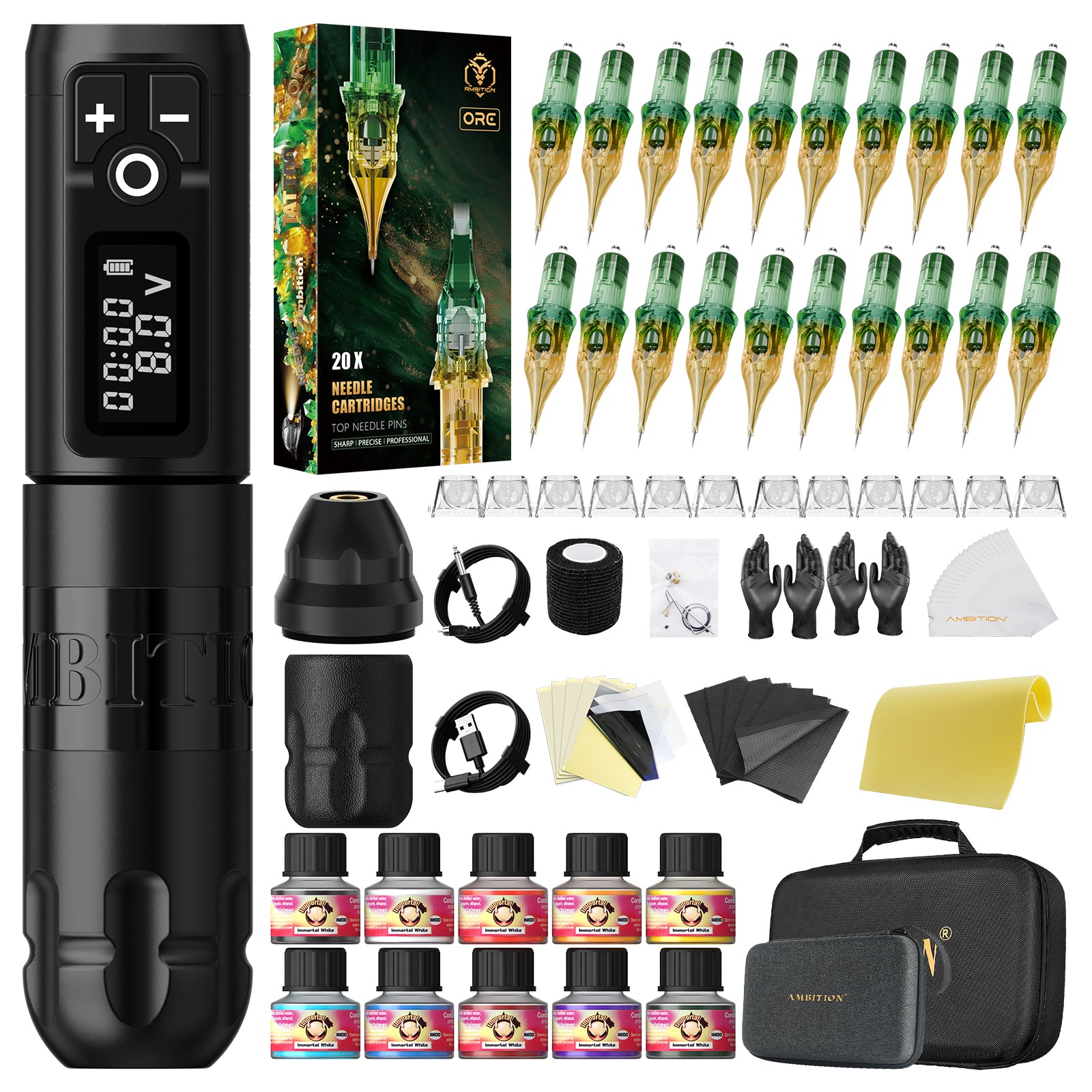 Ambition Soldier Wireless Tattoo Machine Kit with ORE/AEGIS Cartridge Bundle – Complete Tattoo Starter & Professional Setup