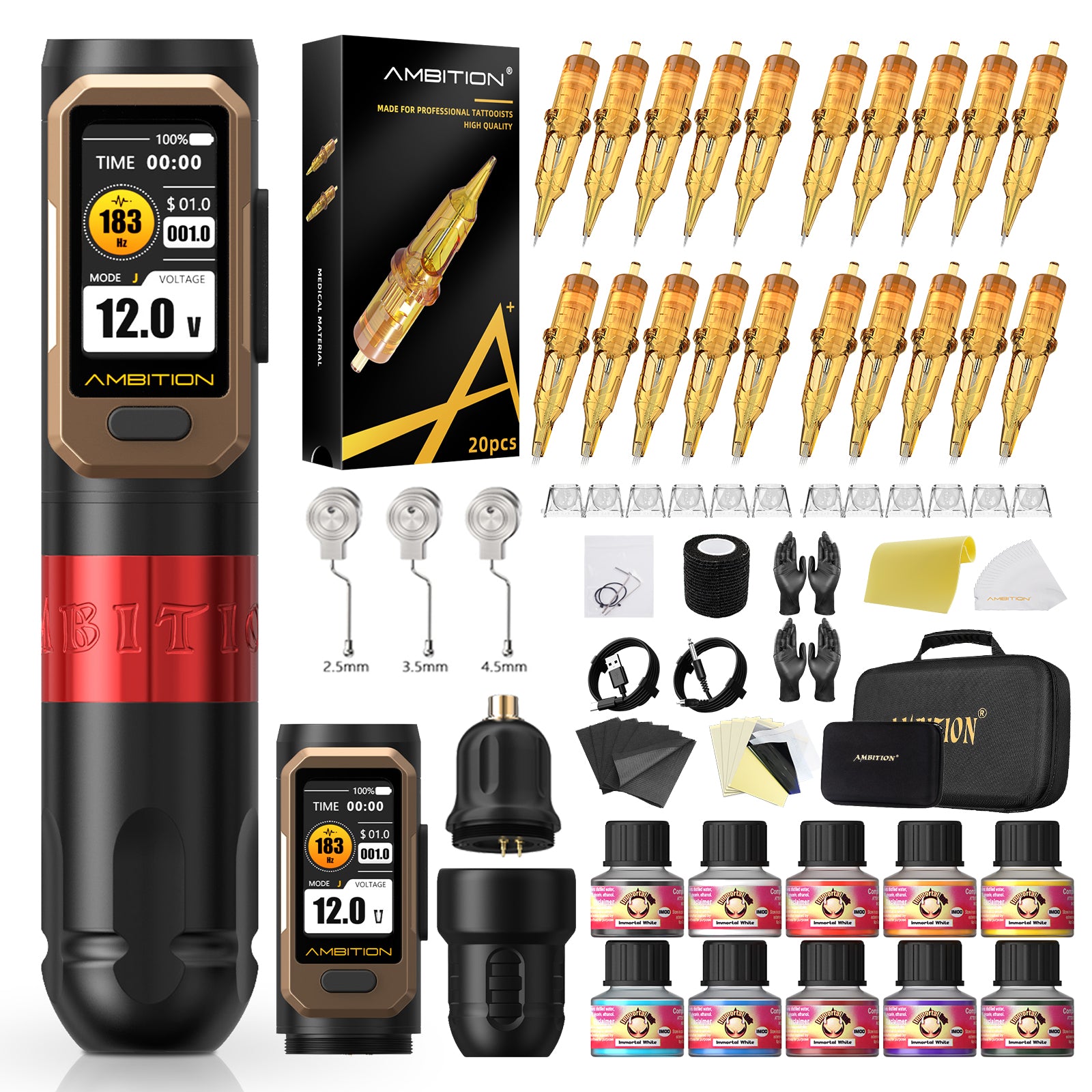 Ambition Vibe Ultra Wireless Tattoo Machine Complete Kit with Cartridges & Tattoo Supplies | 2.5/3.5/4.5mm Stroke