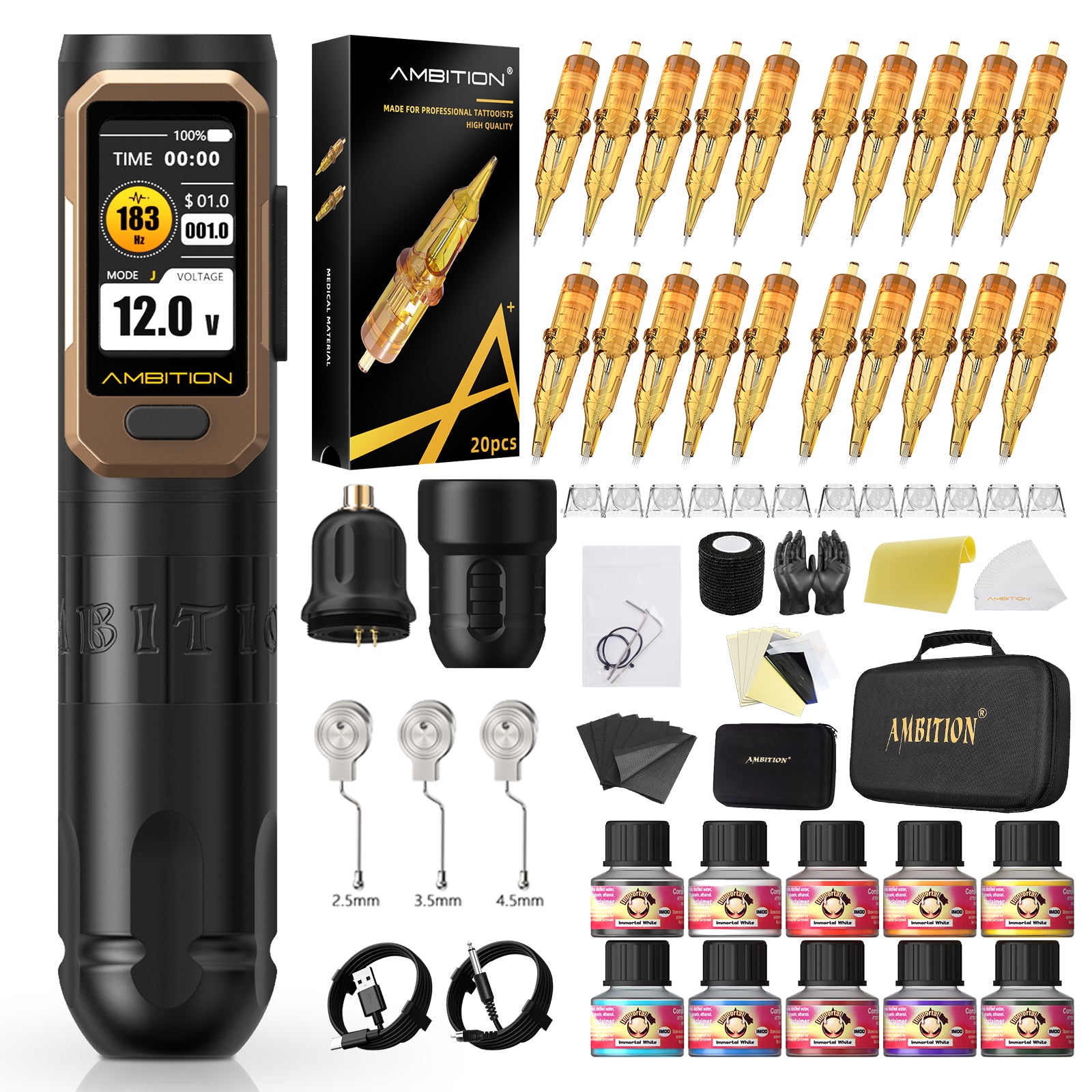 Ambition Vibe Ultra Wireless Tattoo Machine Complete Kit with Cartridges & Tattoo Supplies | 2.5/3.5/4.5mm Stroke