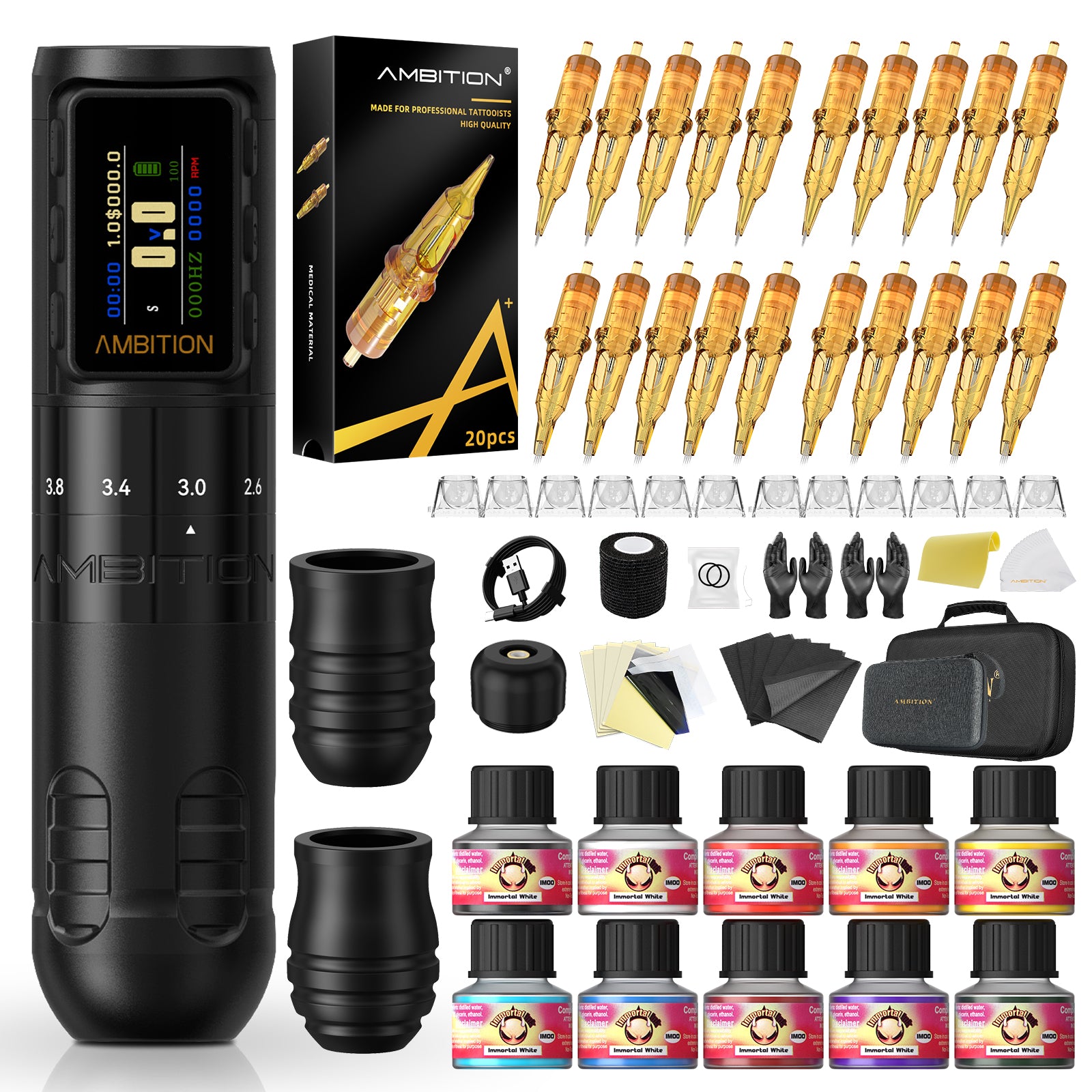 Ambition Paco 2025 Complete Tattoo Kit – Adjustable Stroke Wireless Tattoo Machine Set with Cartridges, Ink & Tattoo Supplies