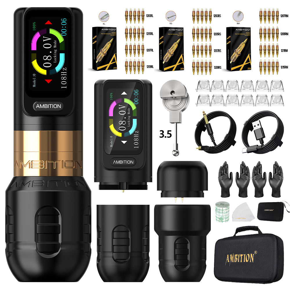 Ambition Zetton Wireless Tattoo Machine Pen Kit 60pcs Tattoo Cartridges