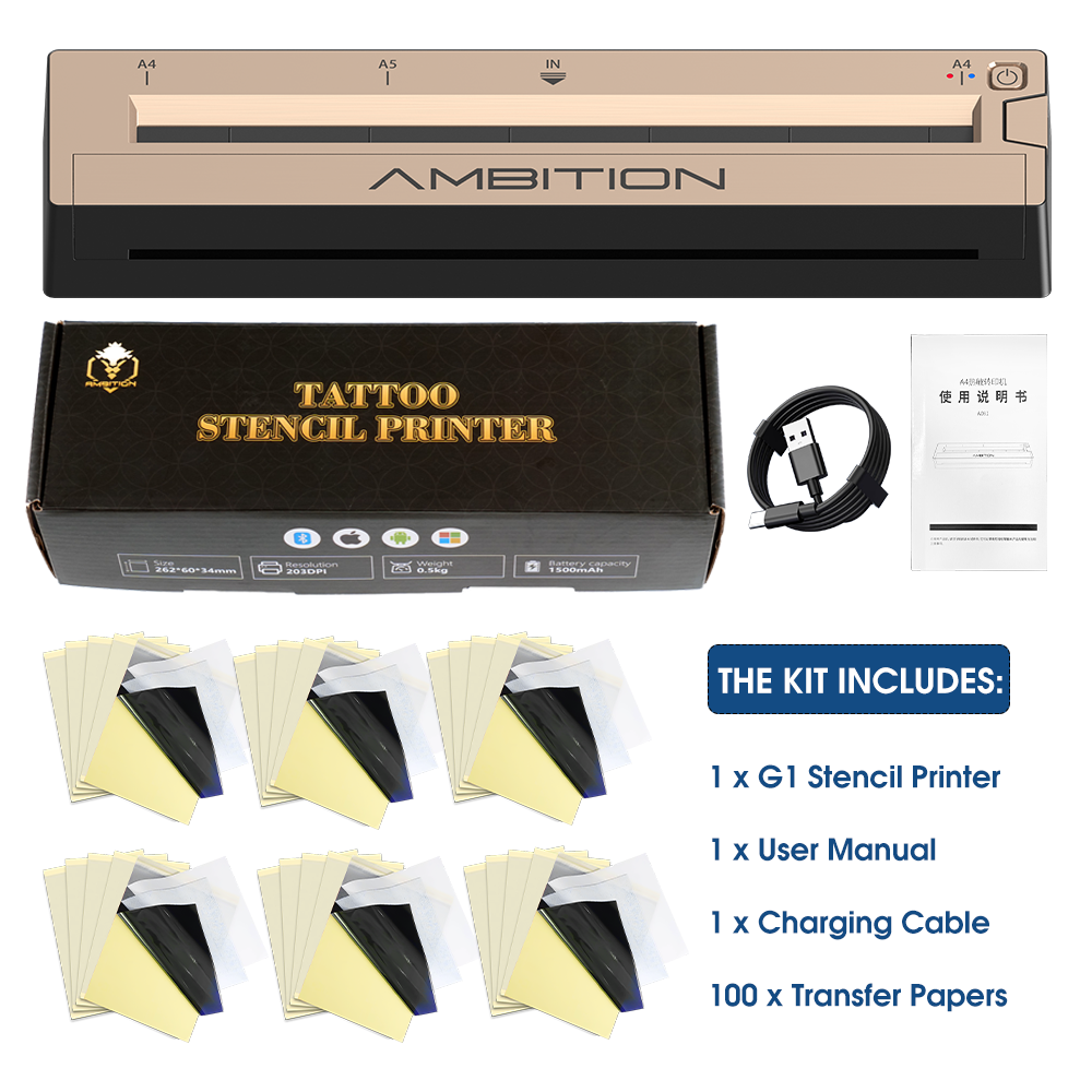 Ambition G1 Wireless Tattoo Stencil Printer + 100pcs Transfer Paper Kit