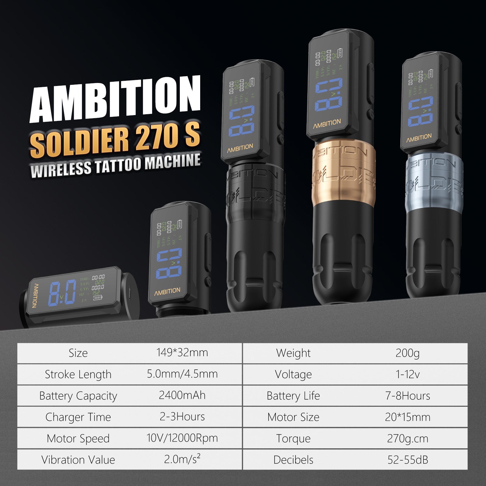 Ambition Soldier 270S Complete Wireless Tattoo Kit 4.5+5.0mm Stroke