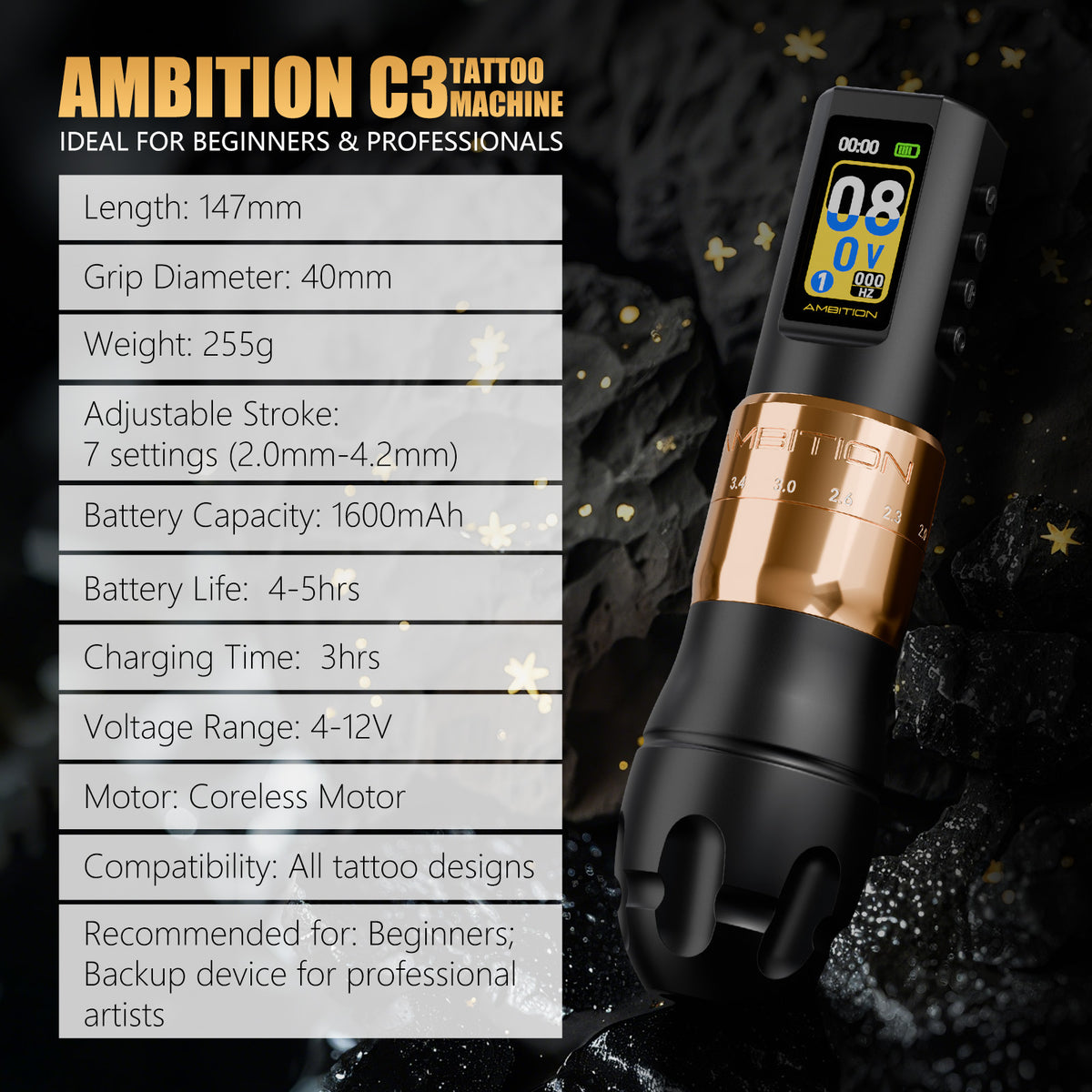 Ambition C3 Wireless Tattoo Machine Kit with Transfer Printer For Tattoo Beginner