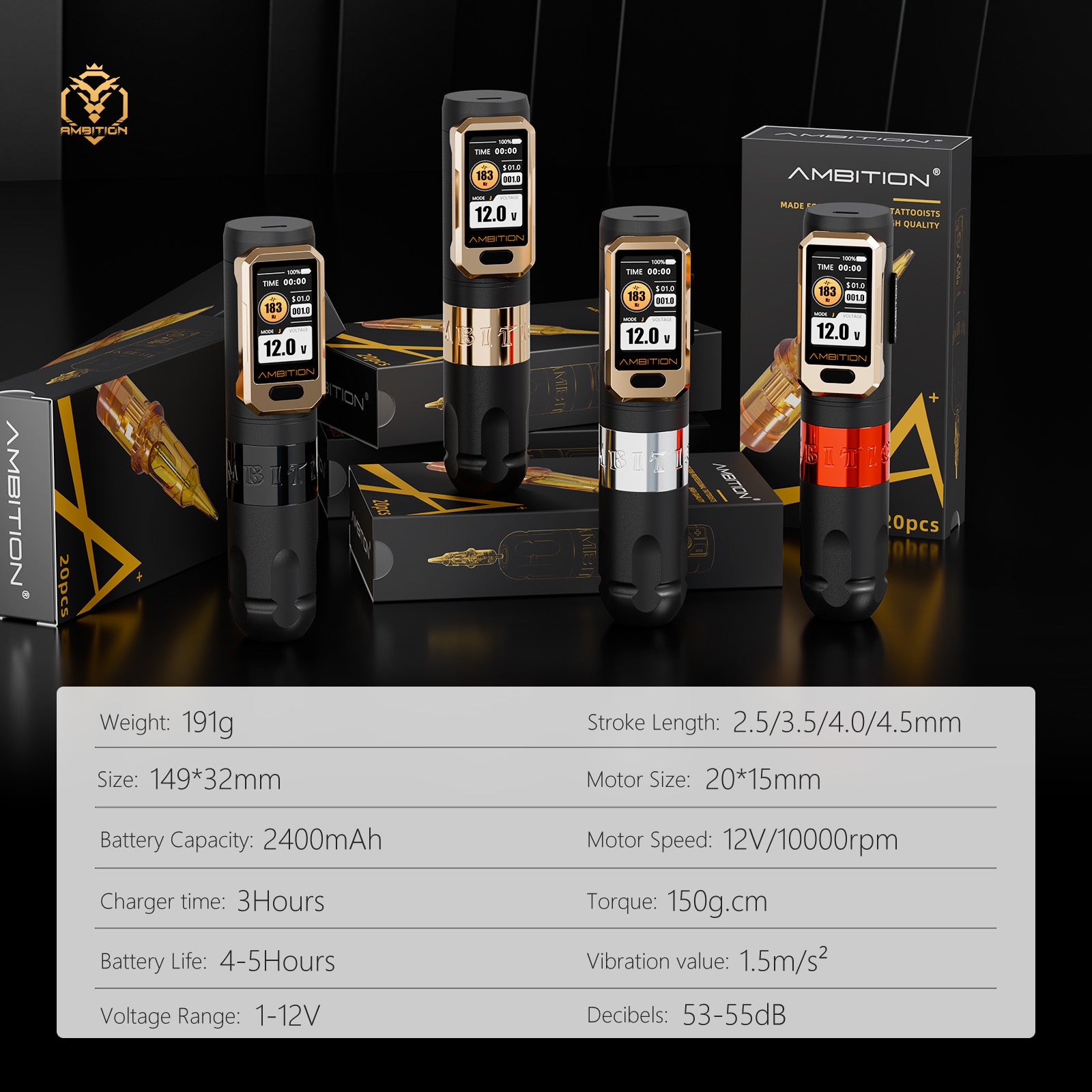 Ambition Vibe Ultra Wireless Tattoo Machine Complete Kit with Cartridges & Tattoo Supplies | 2.5/3.5/4.5mm Stroke